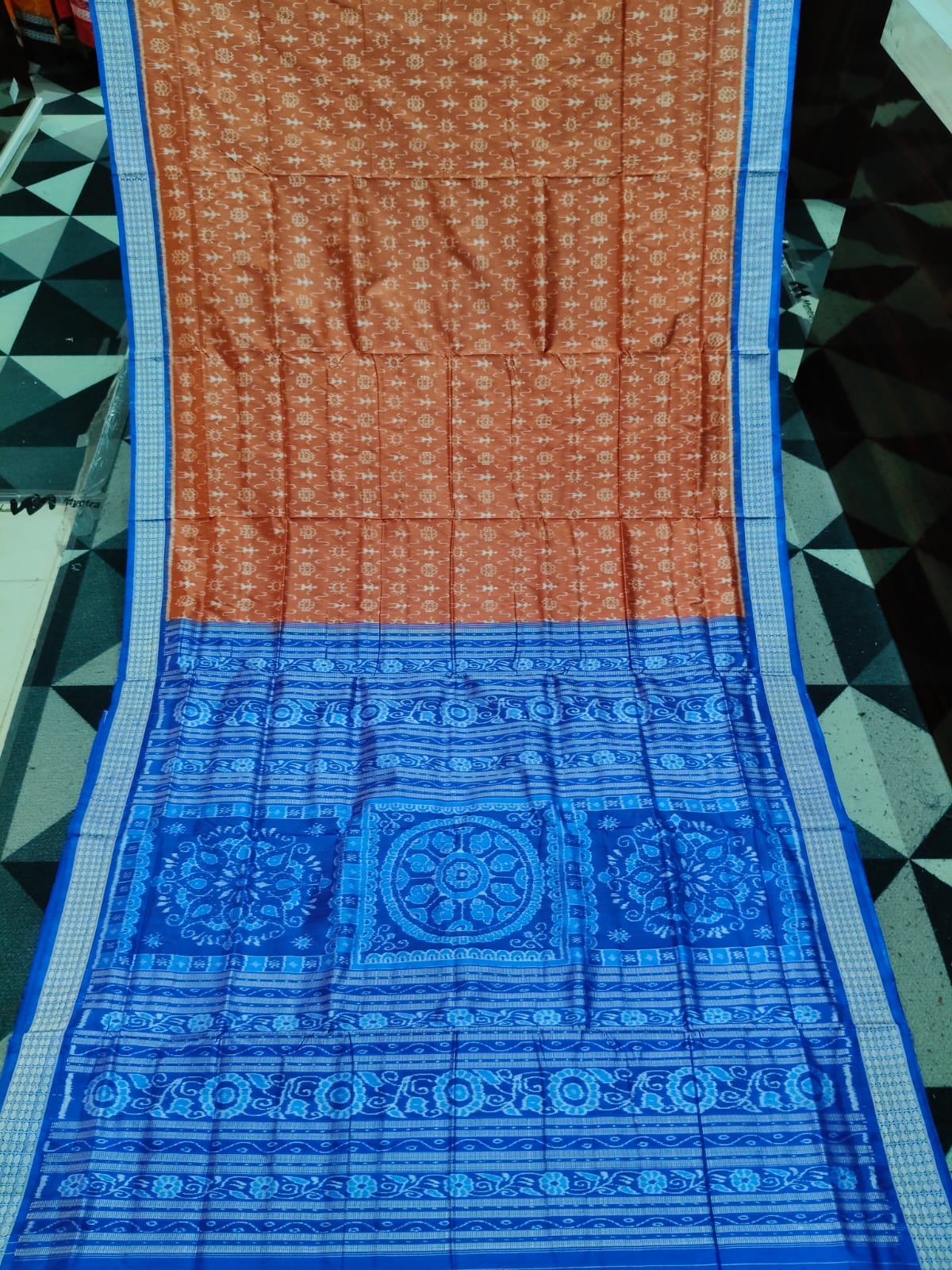 Rust-Brown Blue Tribal & Flower Design Sambalpuri Silk Saree