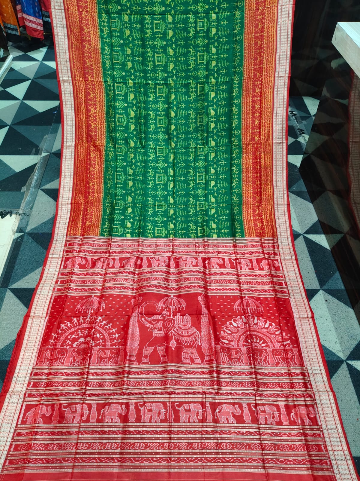 Green Red Tribal & Tree Design Sambalpuri Silk Saree