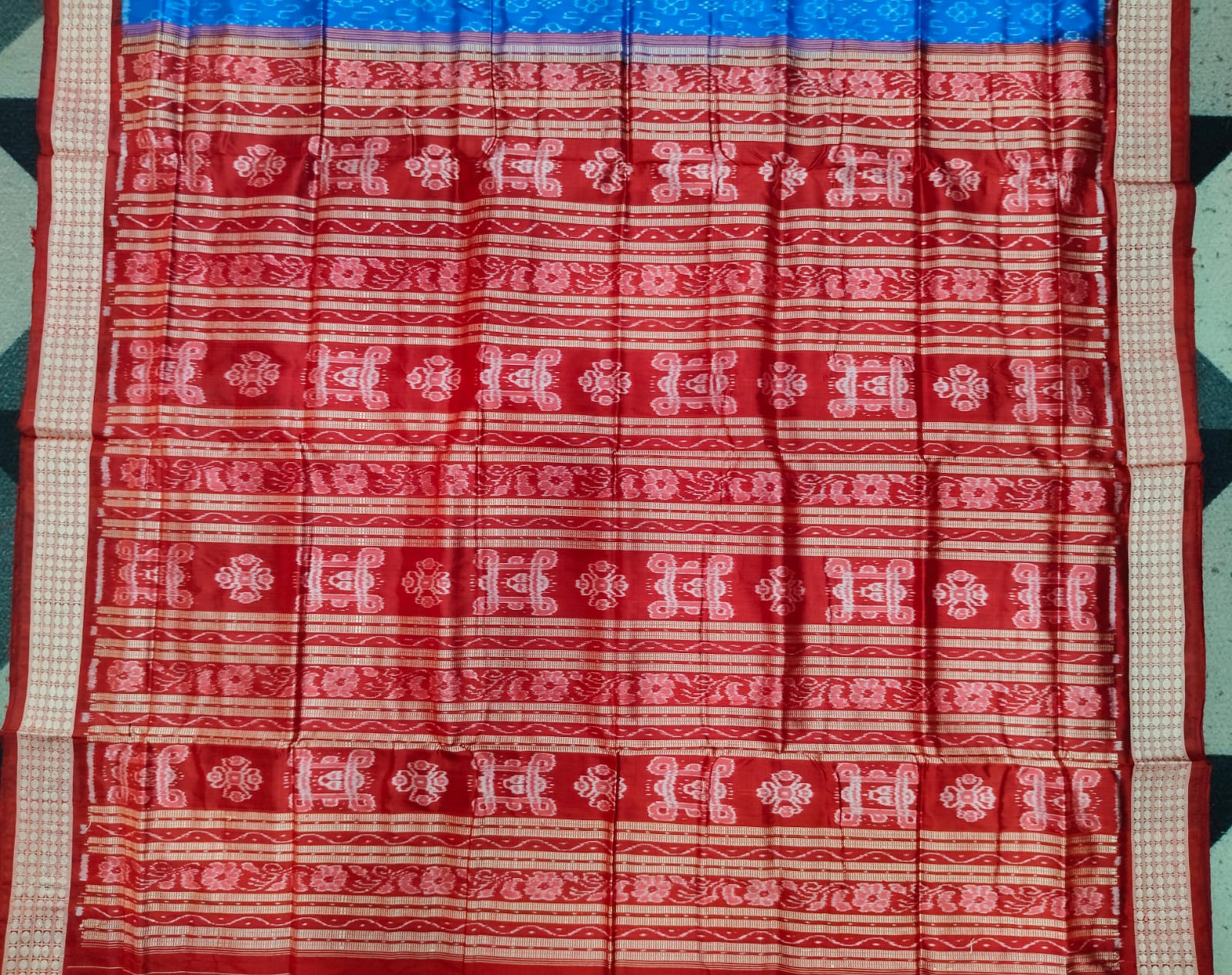 Blue Red Flower & Mini Pasapali Design Sambalpuri Silk Saree