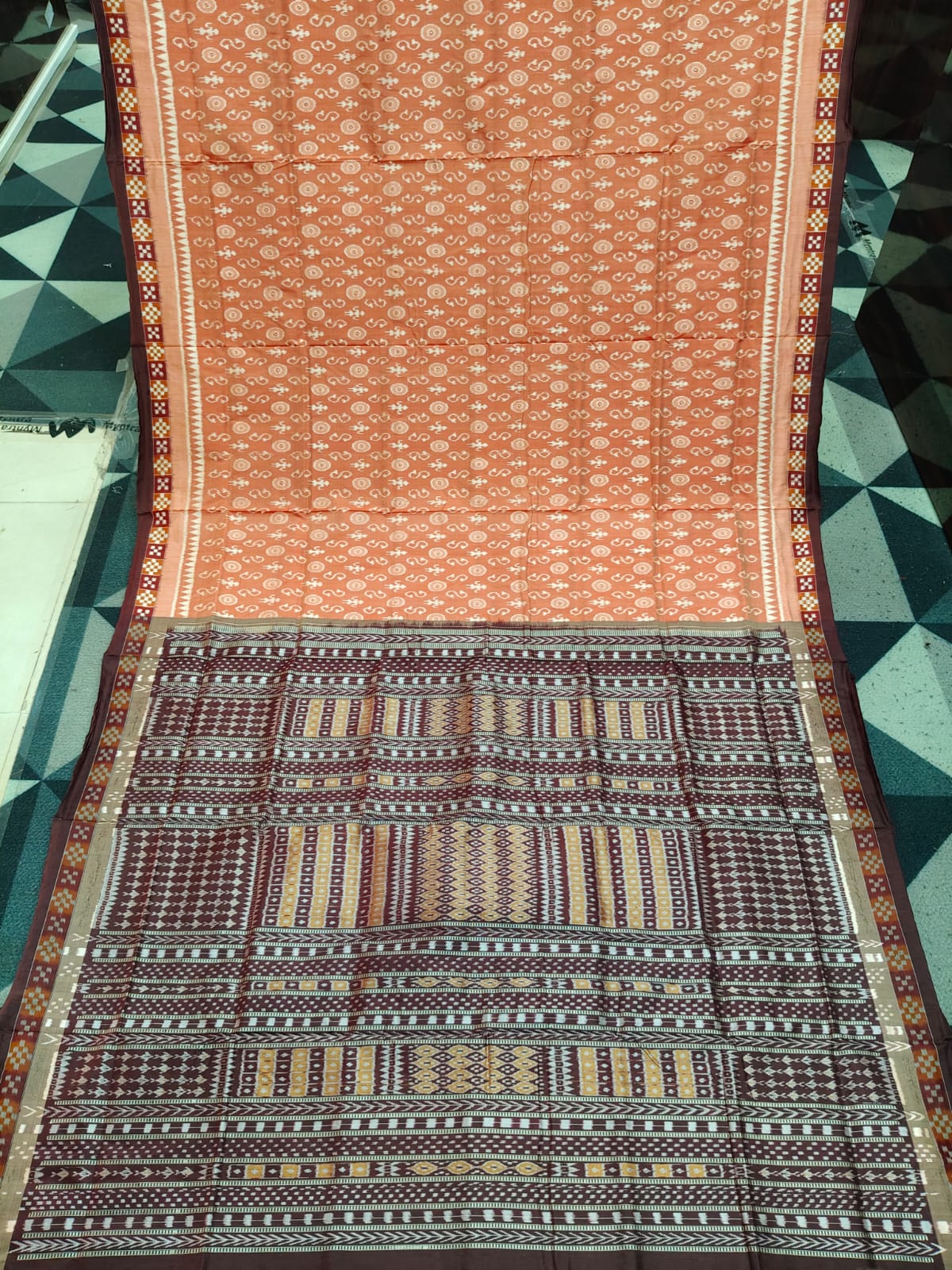 Light Brown Coffee Border Pasapali Tribal & Flower Design Sambalpuri Silk Saree