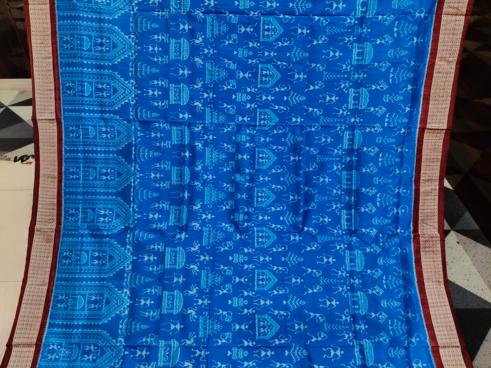 Deep Sky Coffee Tribal & House Design Sambalpuri Silk Saree