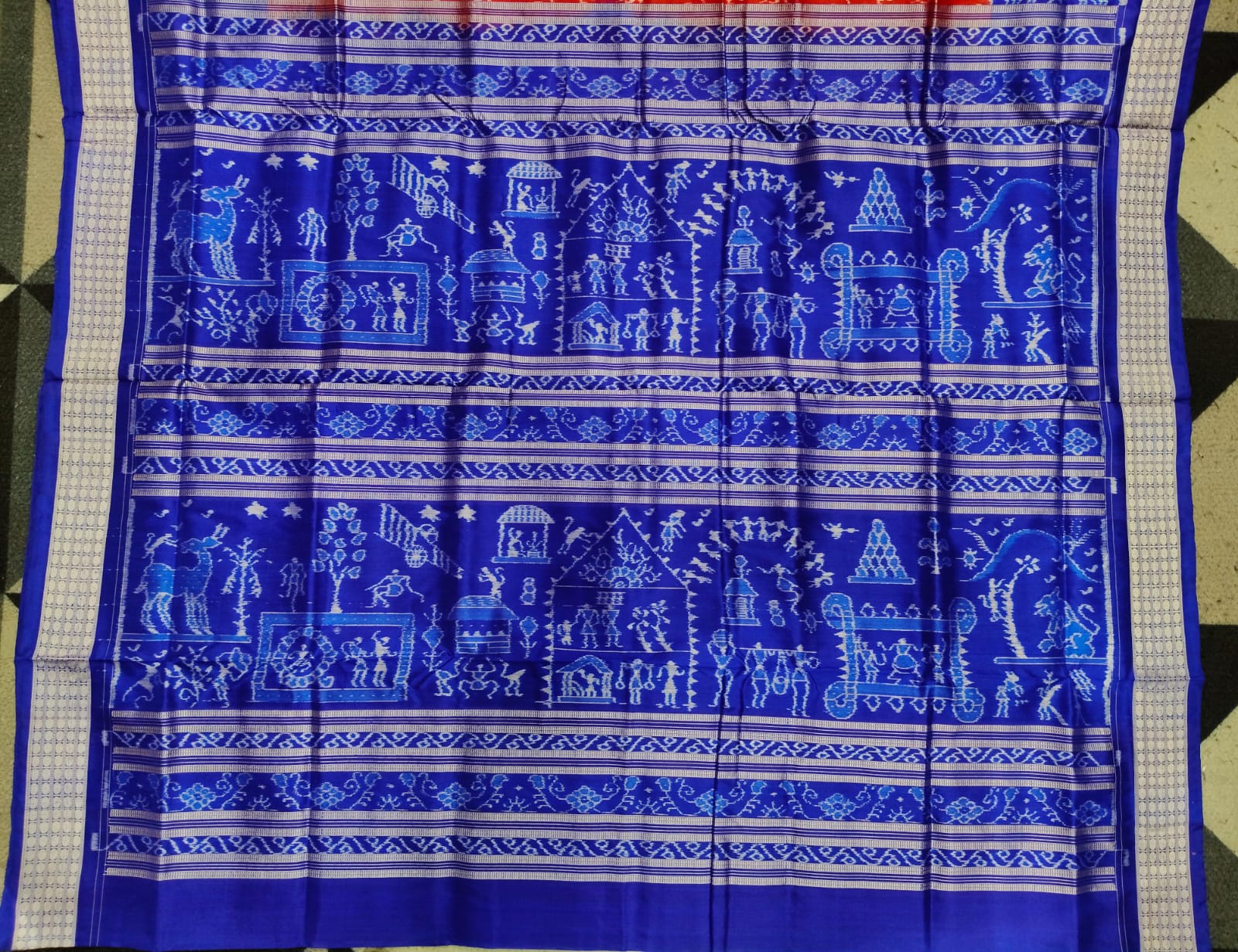 Red Blue Tribal & Tree Design Sambalpuri Silk Saree