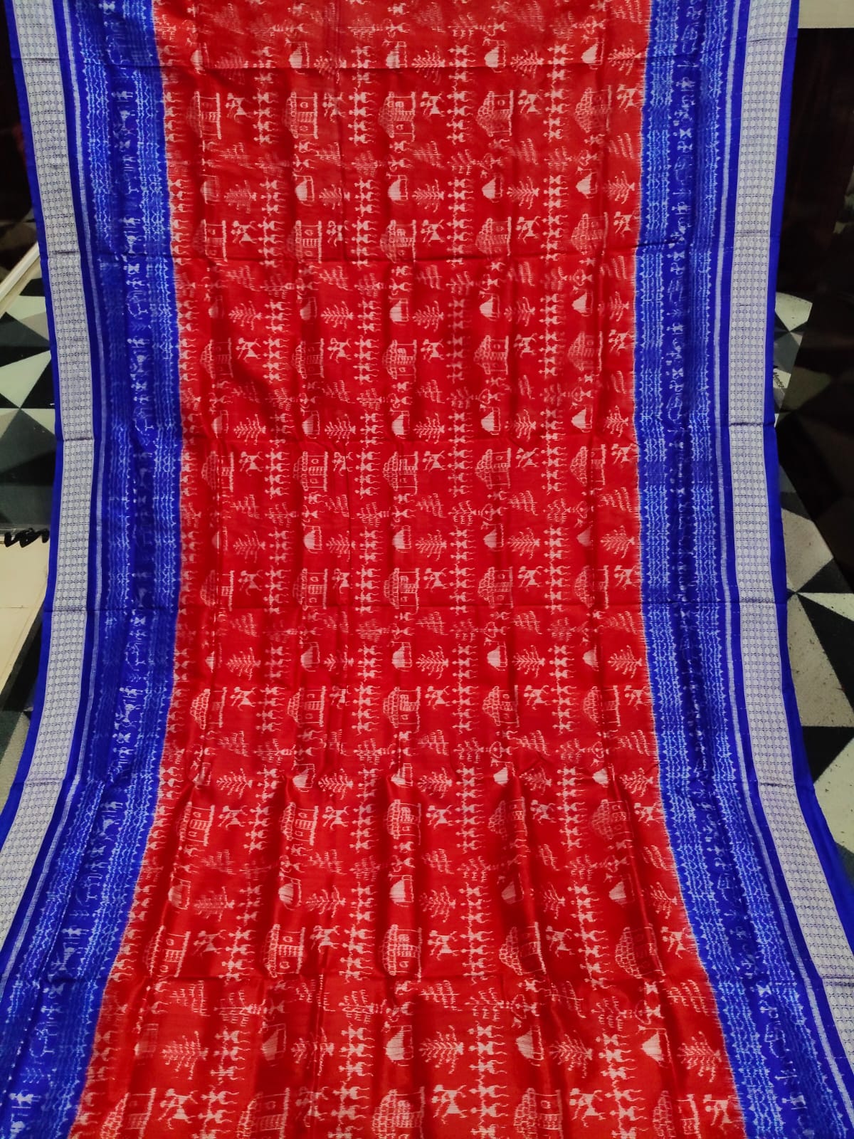 Red Blue Tribal & Tree Design Sambalpuri Silk Saree