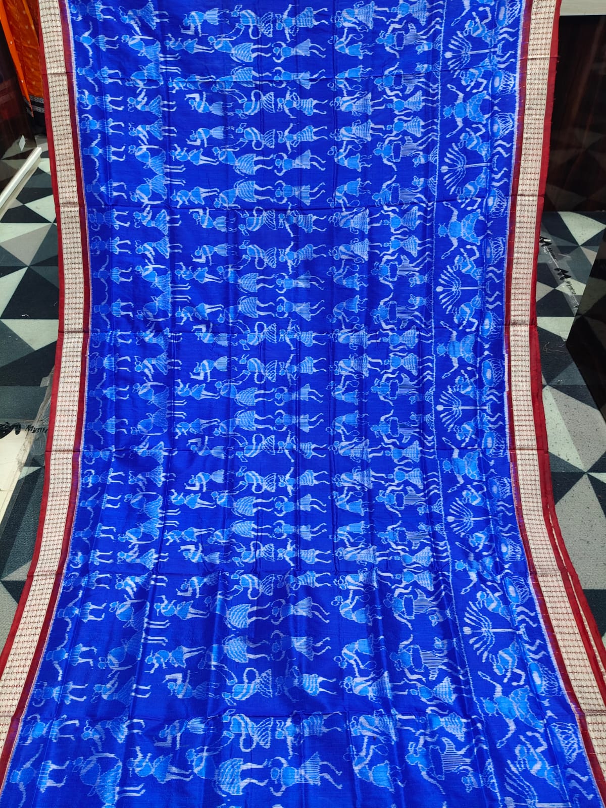 Blue Maroon Adibasi Dance Design Sambalpuri Silk Saree