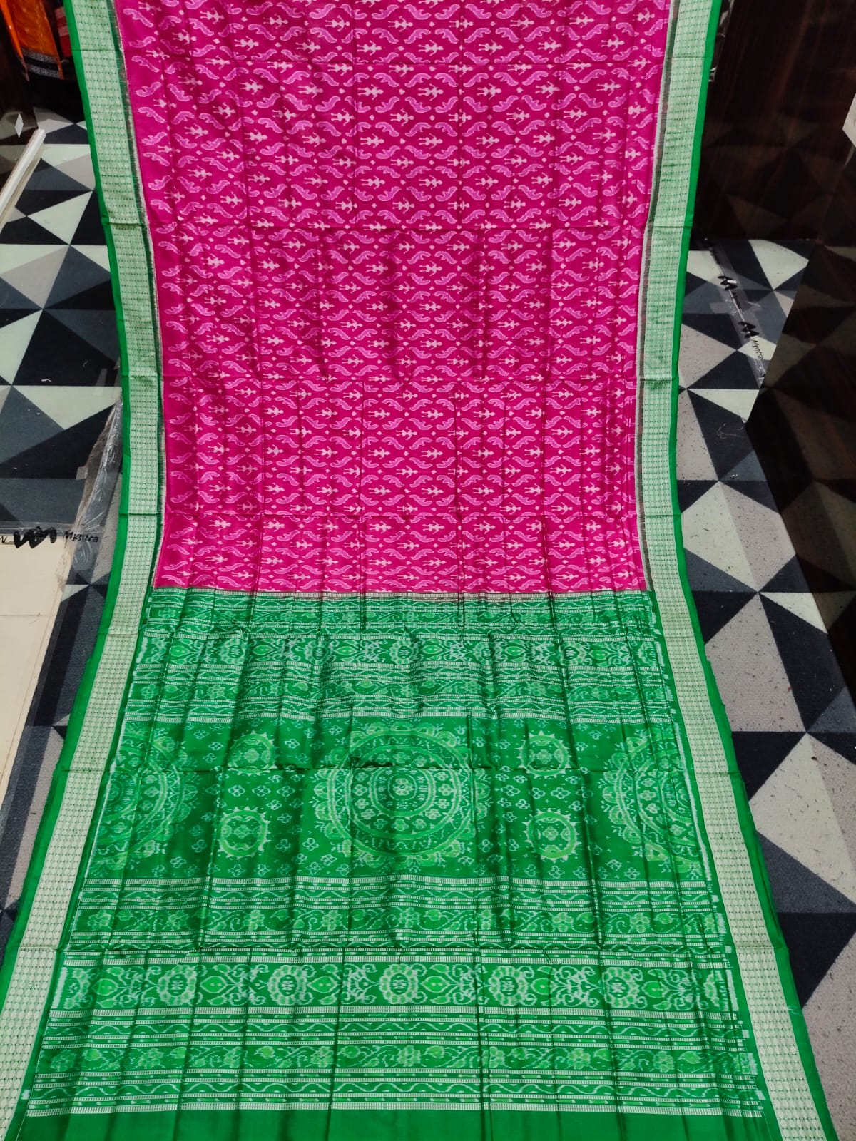 Rani Pink Green Tribal Design Sambalpuri Silk Saree