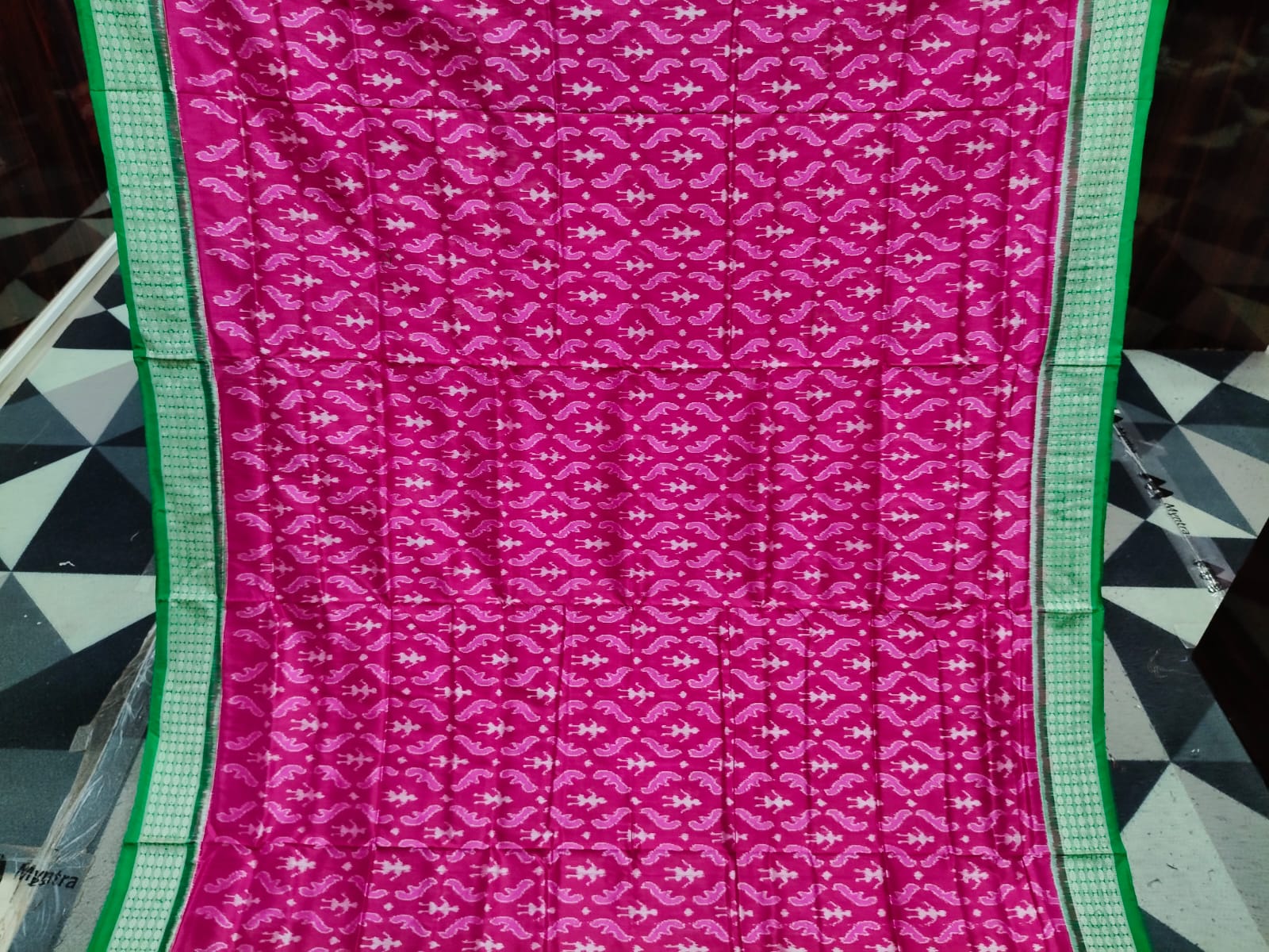 Rani Pink Green Tribal Design Sambalpuri Silk Saree