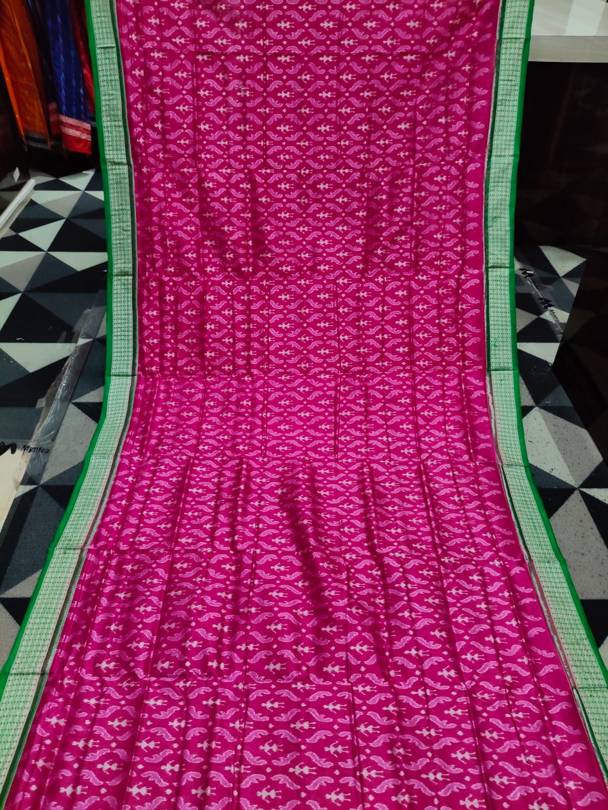 Rani Pink Green Tribal Design Sambalpuri Silk Saree