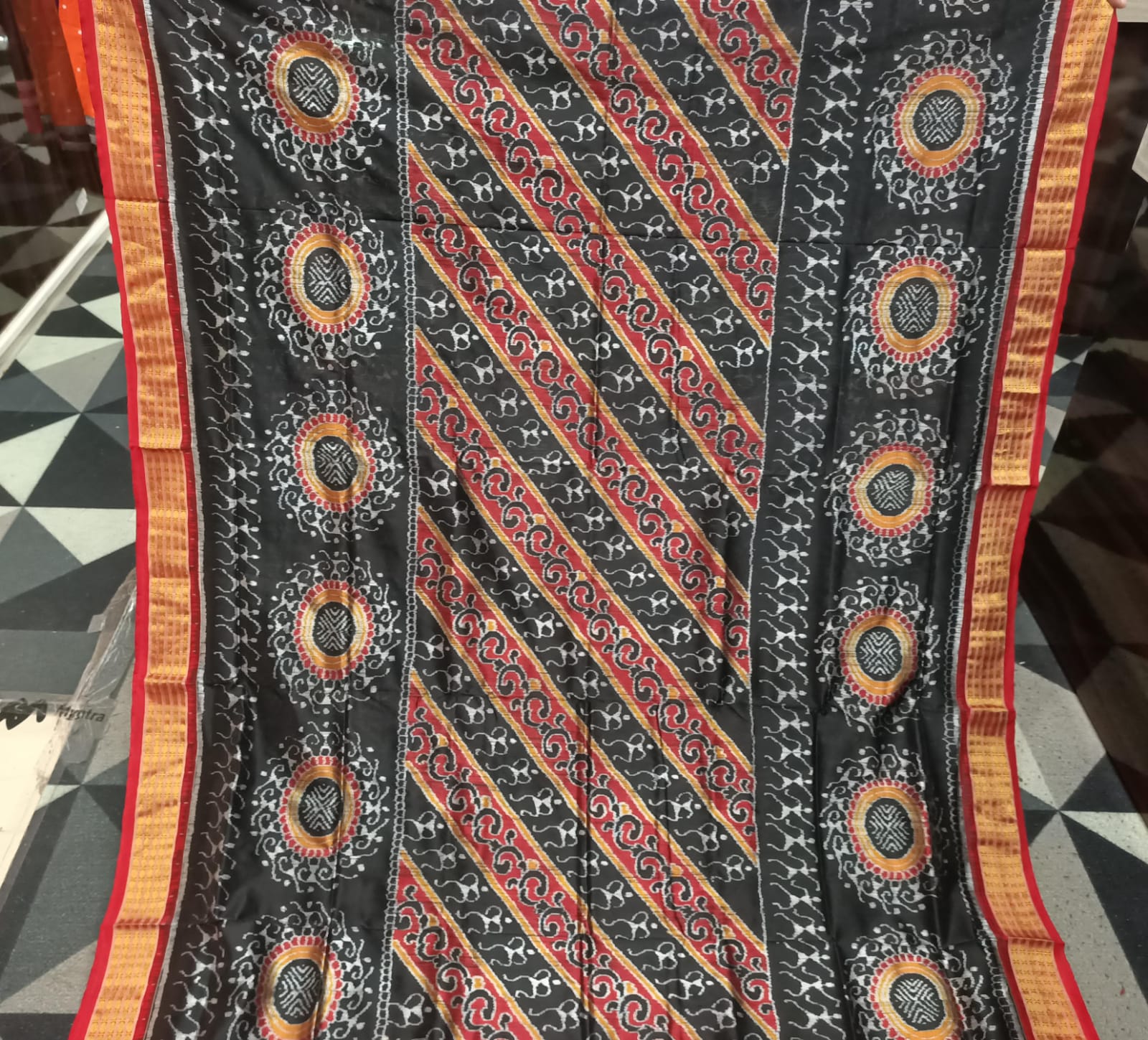 Black Maroon Tribal Half Tissue Sambalpuri Silk Saree