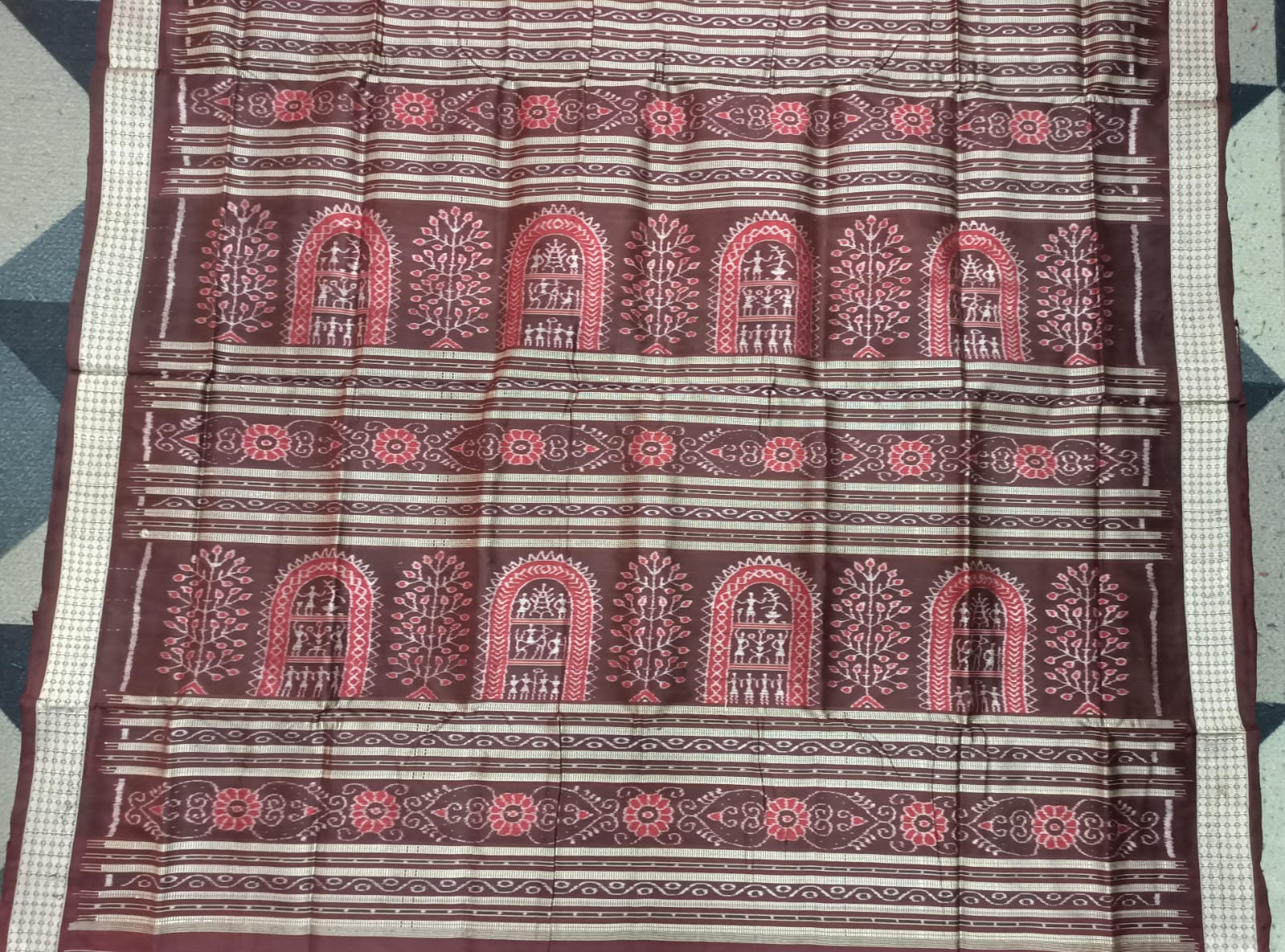 Orange Coffee Tribal & Tree Design Sambalpuri Silk Saree
