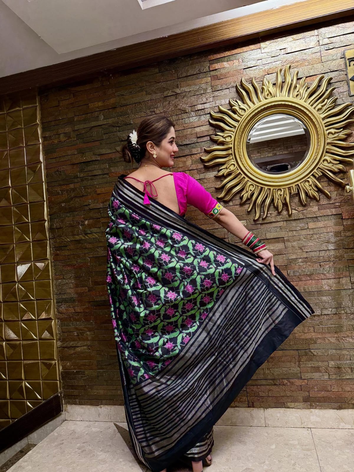 Black Dual Parrot & Lotus Design Sambalpuri Silk Saree