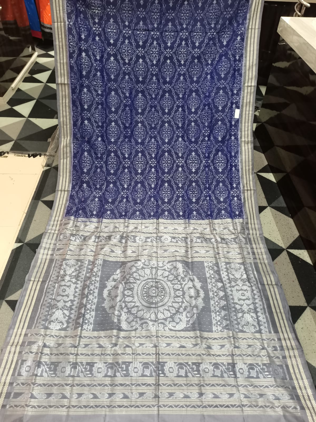 Indigo Blue Grey Flower Design Sambalpuri Silk Saree