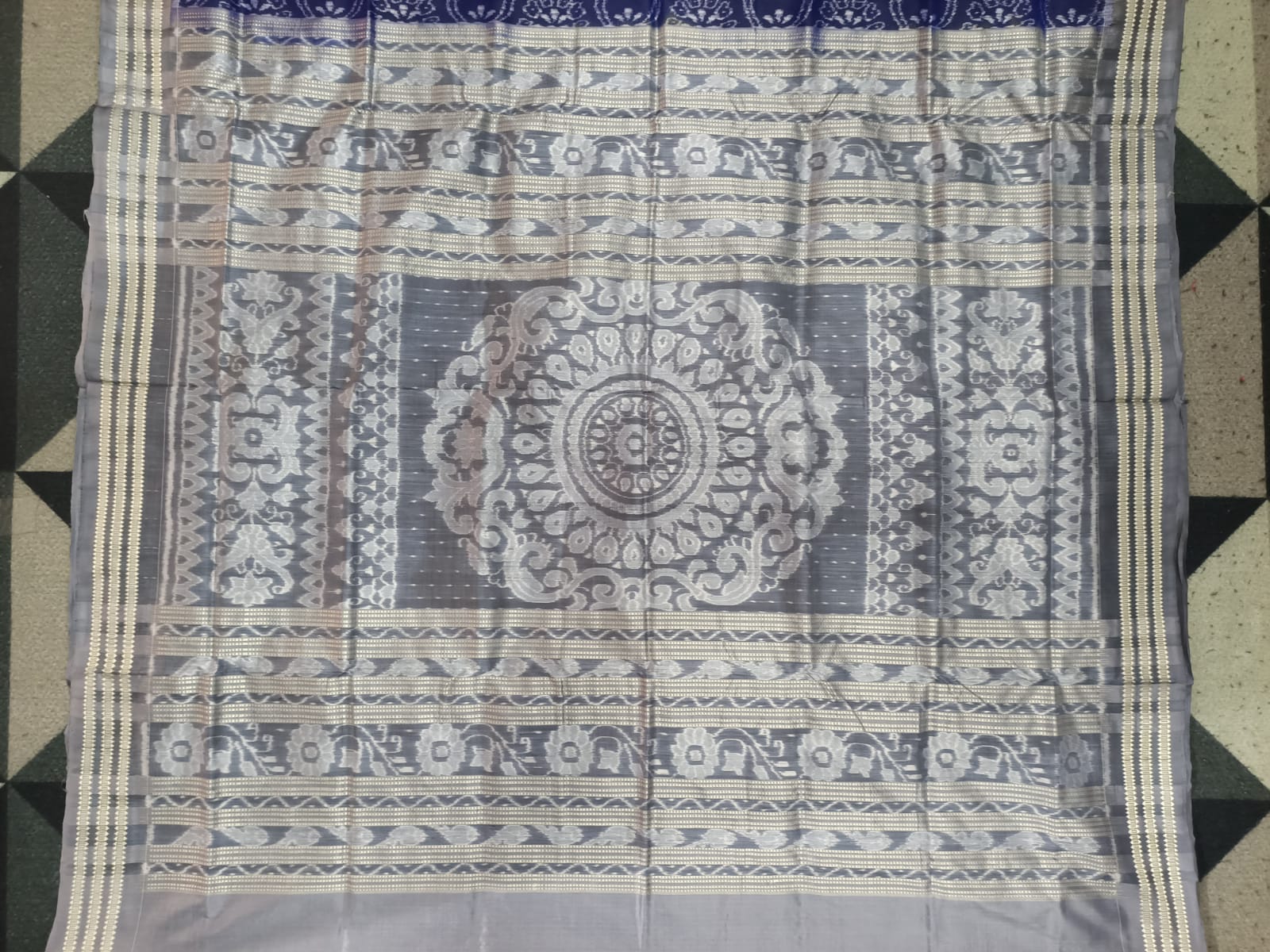 Indigo Blue Grey Flower Design Sambalpuri Silk Saree