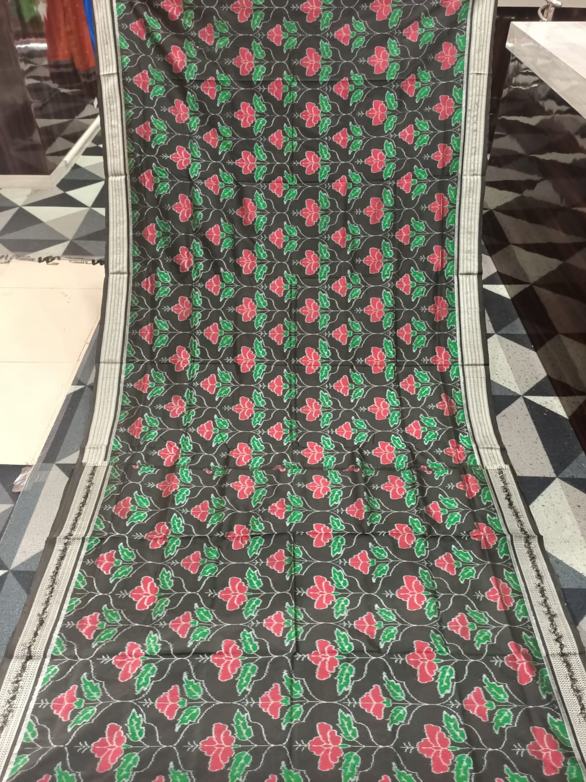 Black Hibiscus Design Sambalpuri Silk Saree