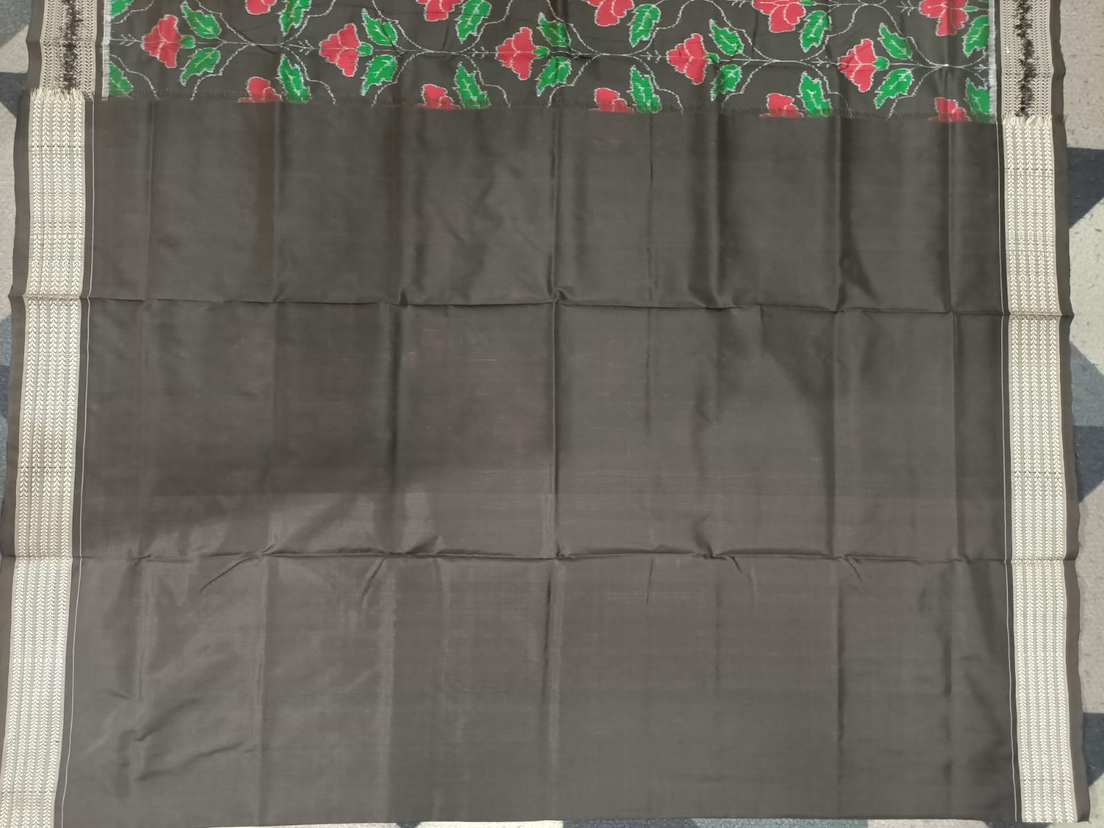 Black Hibiscus Design Sambalpuri Silk Saree