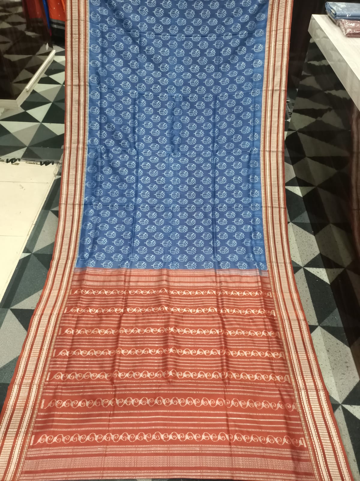 Indigo Blue Maroon Tulips Natural Dye Sambalpuri Silk Saree