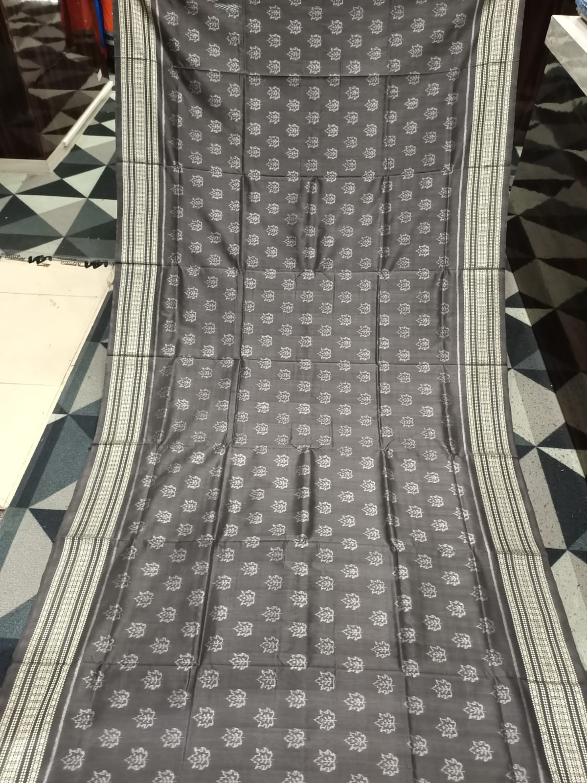 Charcoal Grey Mapple Leaf Natural Dye Sambalpuri Silk Saree