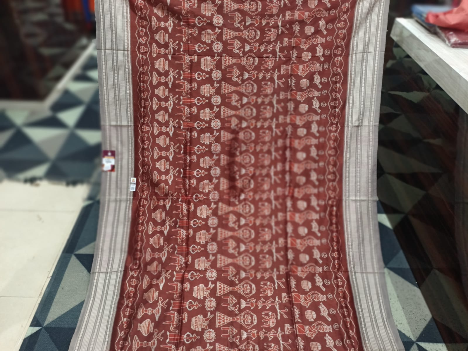 Maroon Grey Dhokra Design Natural Dye Sambalpuri Silk Saree