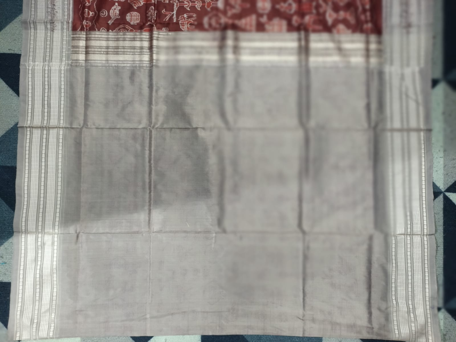 Maroon Grey Dhokra Design Natural Dye Sambalpuri Silk Saree