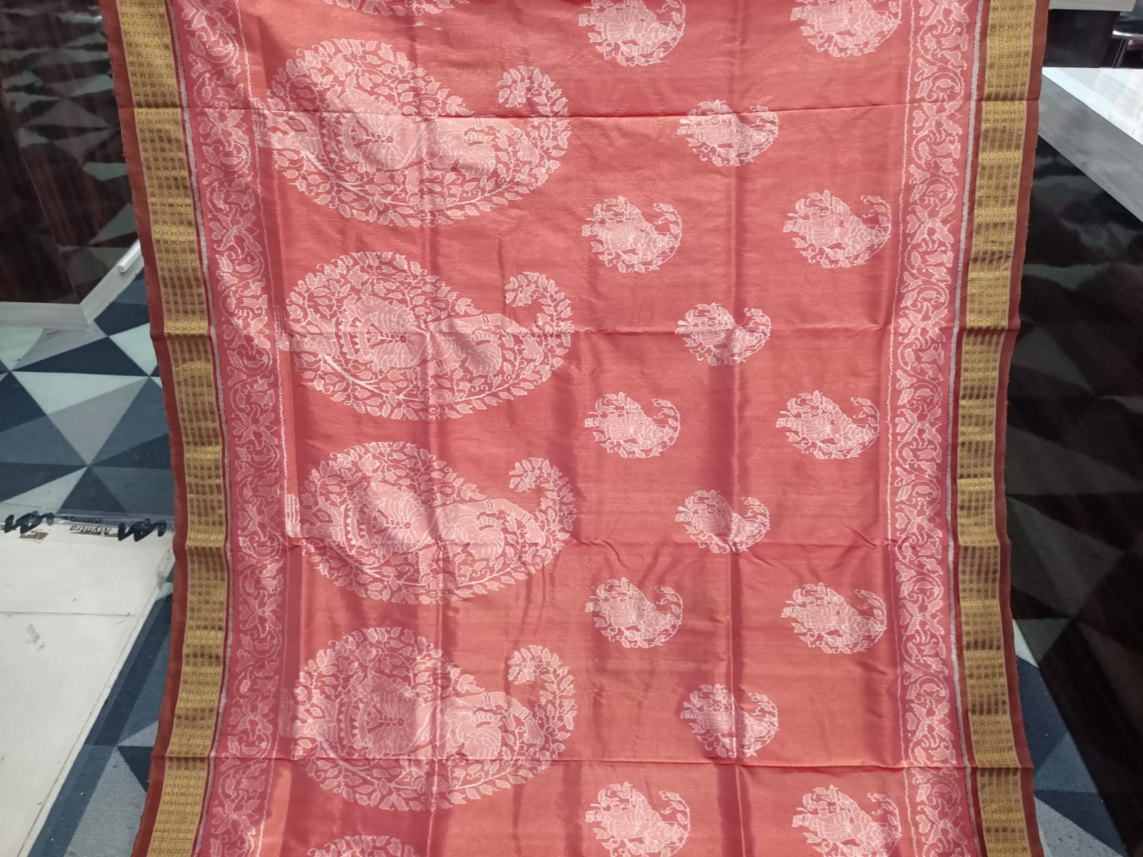Peach Coffee Parsley Design Full Tissue Sambalpuri Silk Saree