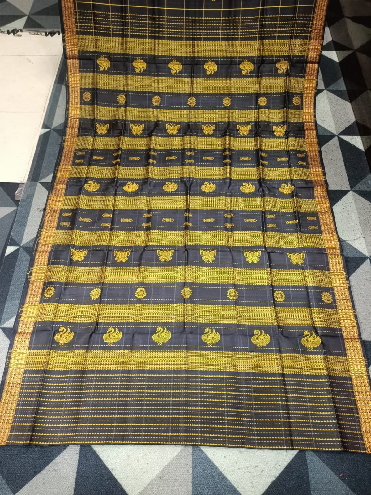 Black Golden Yellow Checks Fish Double Anchal Berhampuri Silk Saree