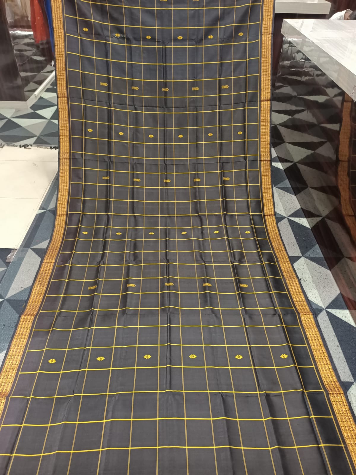 Black Golden Yellow Checks Fish Double Anchal Berhampuri Silk Saree