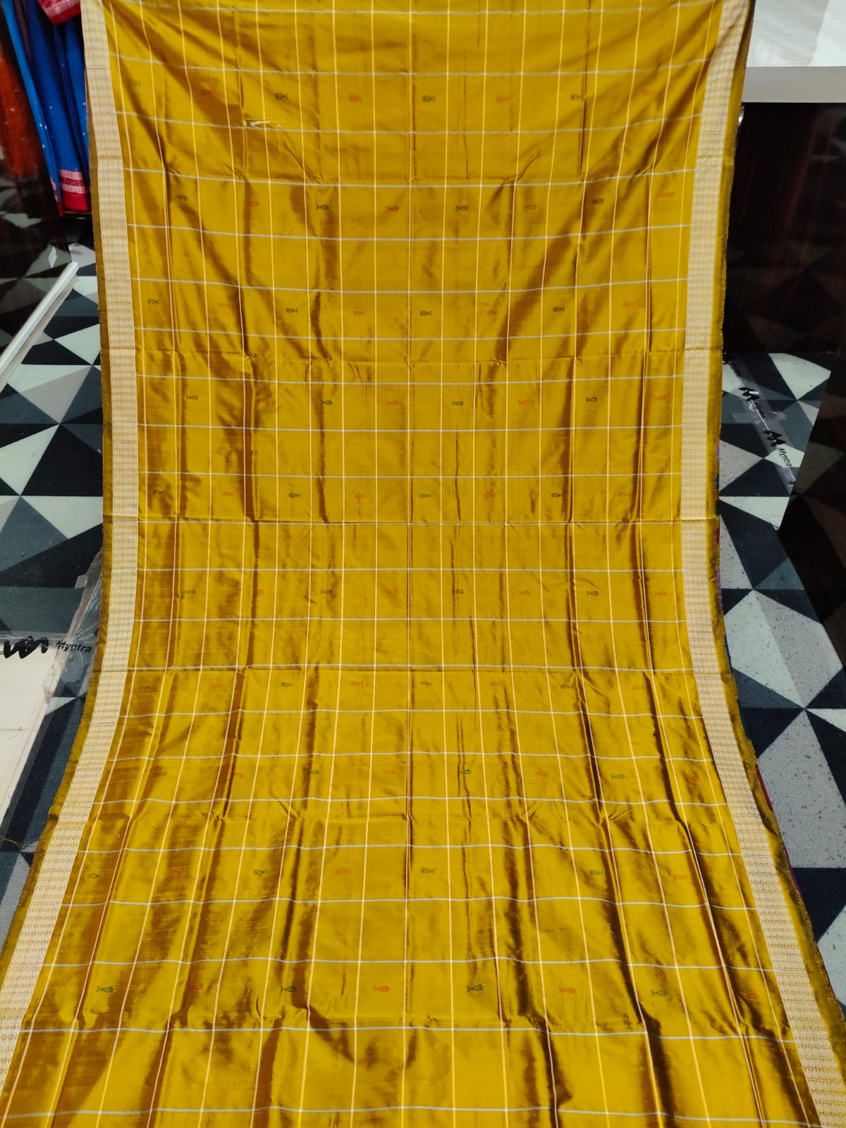 Mustard Yellow Checks Fish Multicolor Double Anchal Berhampuri Silk Saree