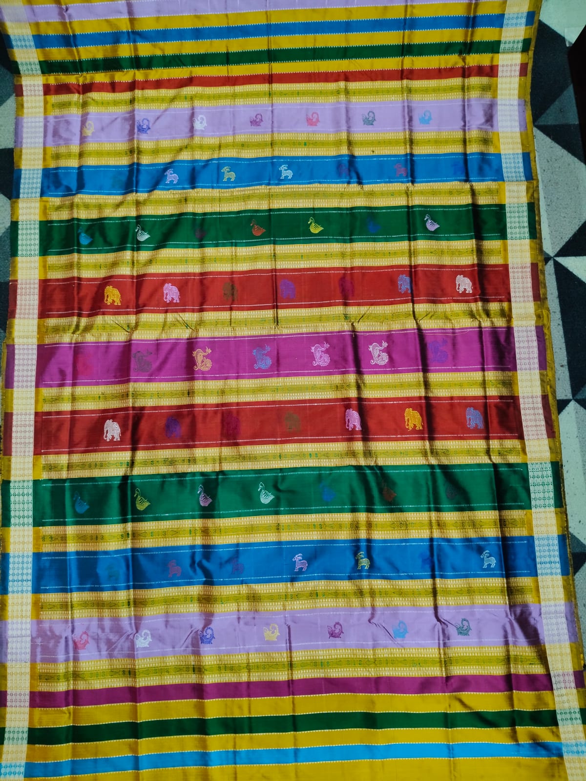 Mustard Yellow Checks Fish Multicolor Double Anchal Berhampuri Silk Saree