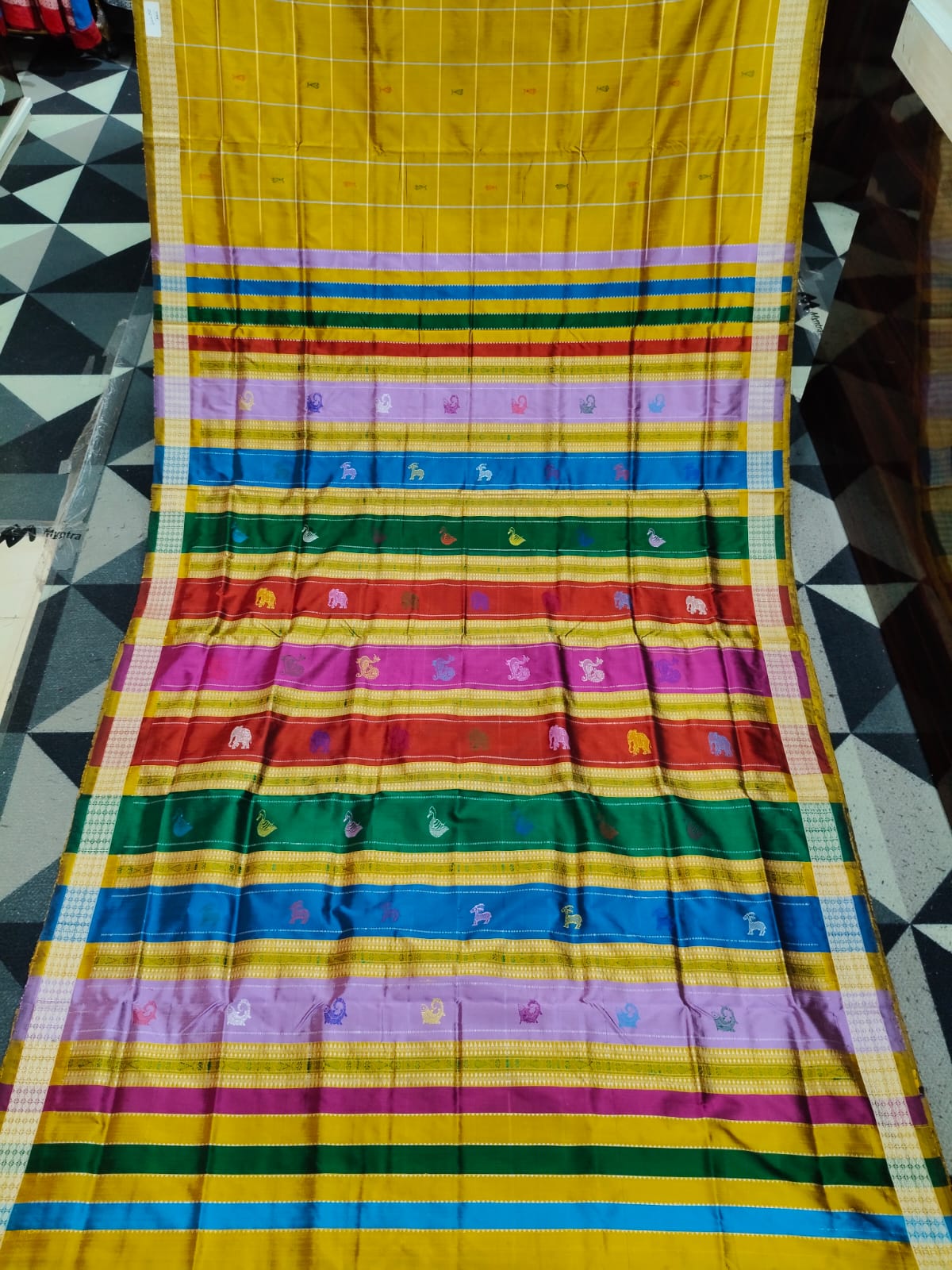 Mustard Yellow Checks Fish Multicolor Double Anchal Berhampuri Silk Saree