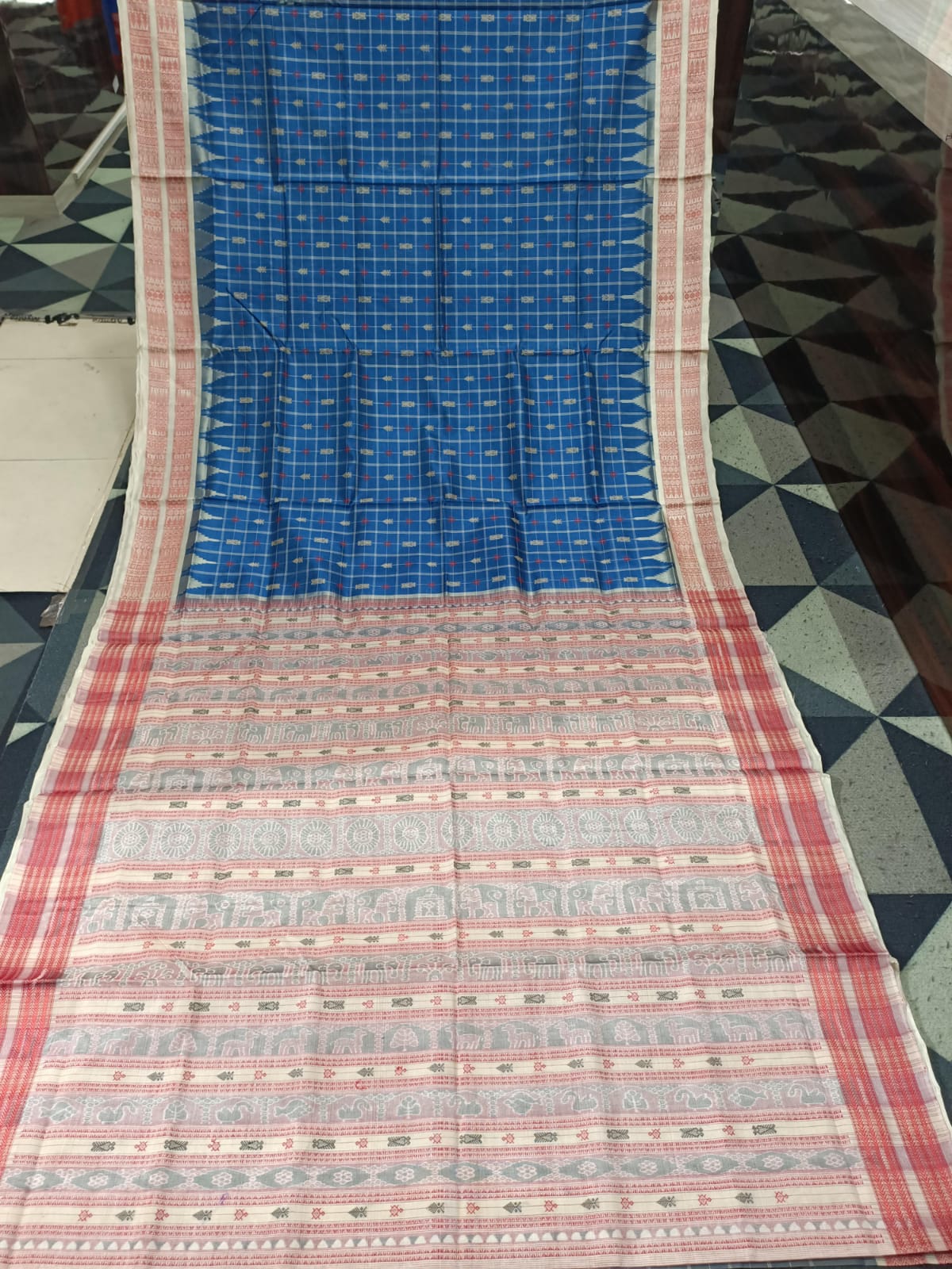 Teal Blue Cream Hazarbuti Tussar Silk Saree