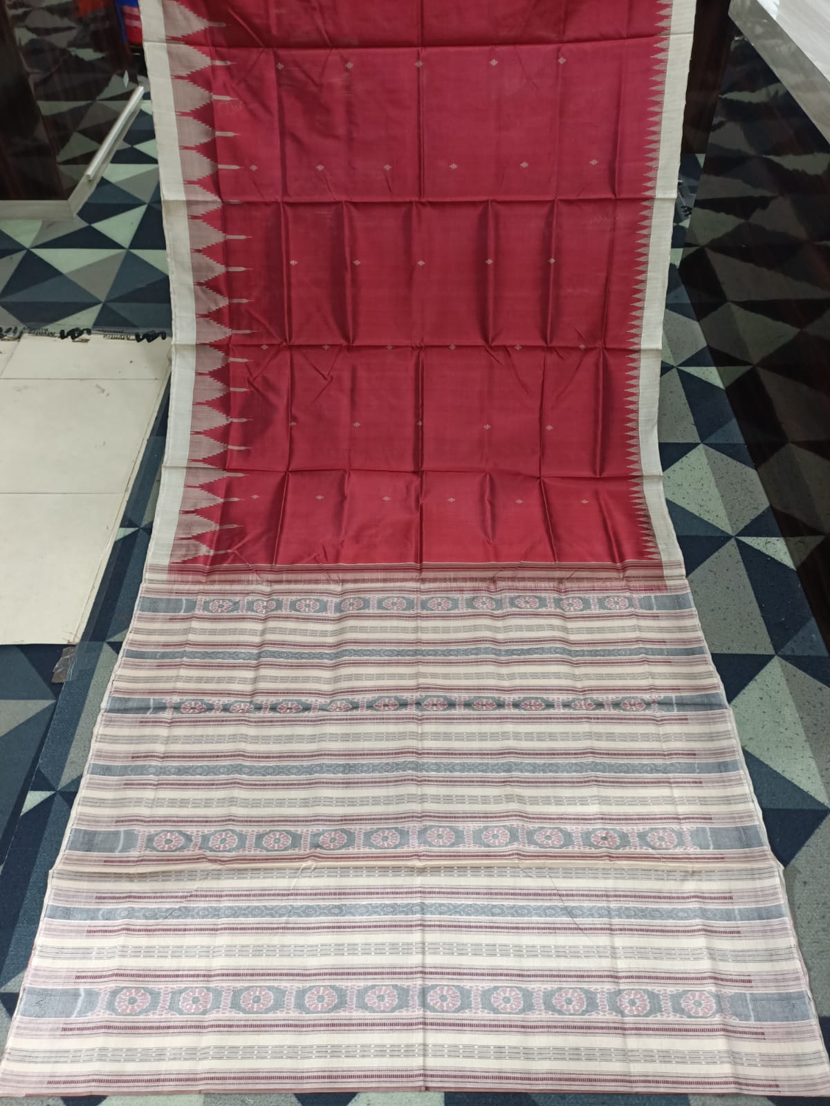 Maroon Cream Phoda Kumbha Tusser Silk Saree
