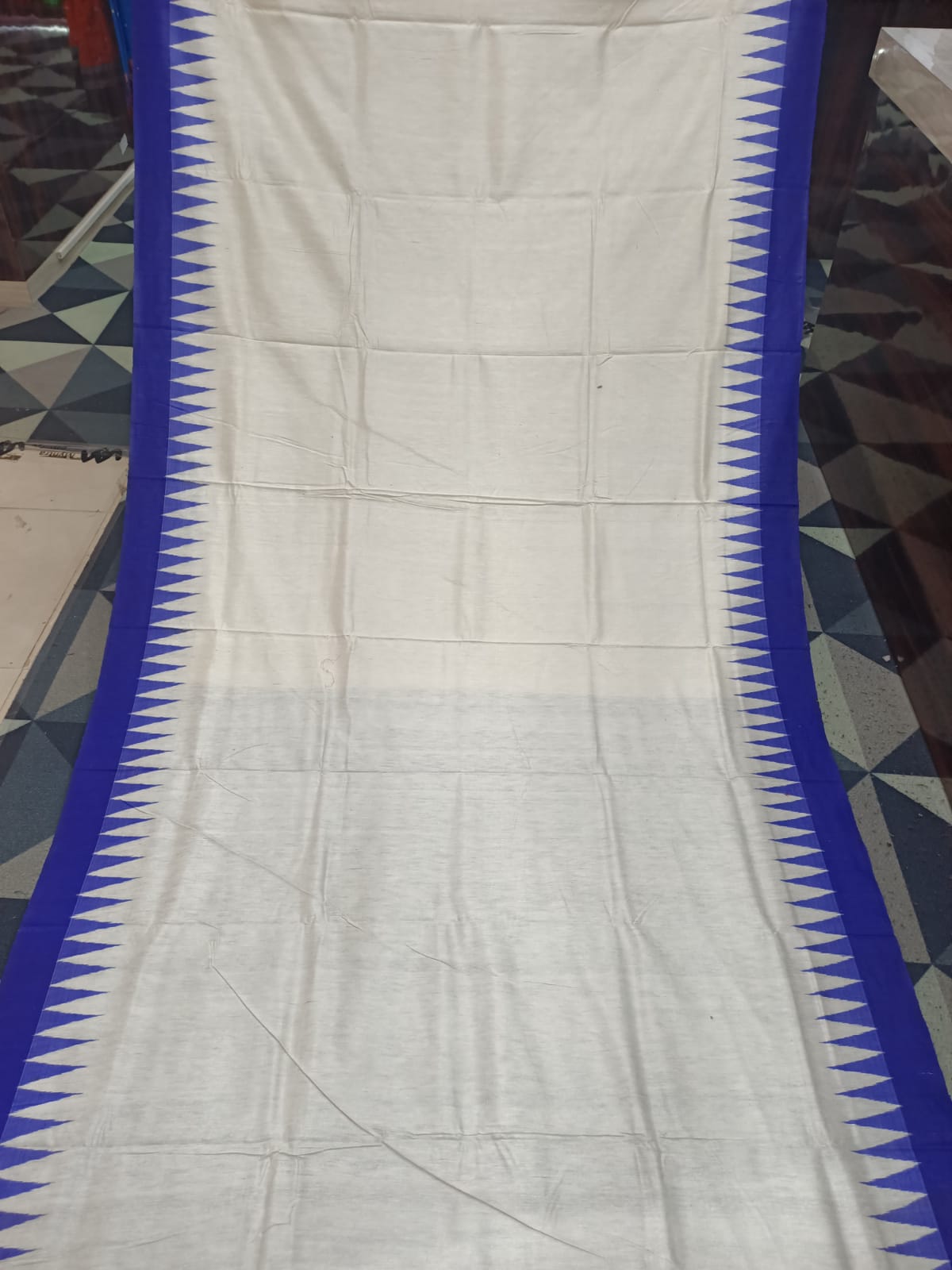 White Blue Kumbha Border Eri Tusser Silk Saree