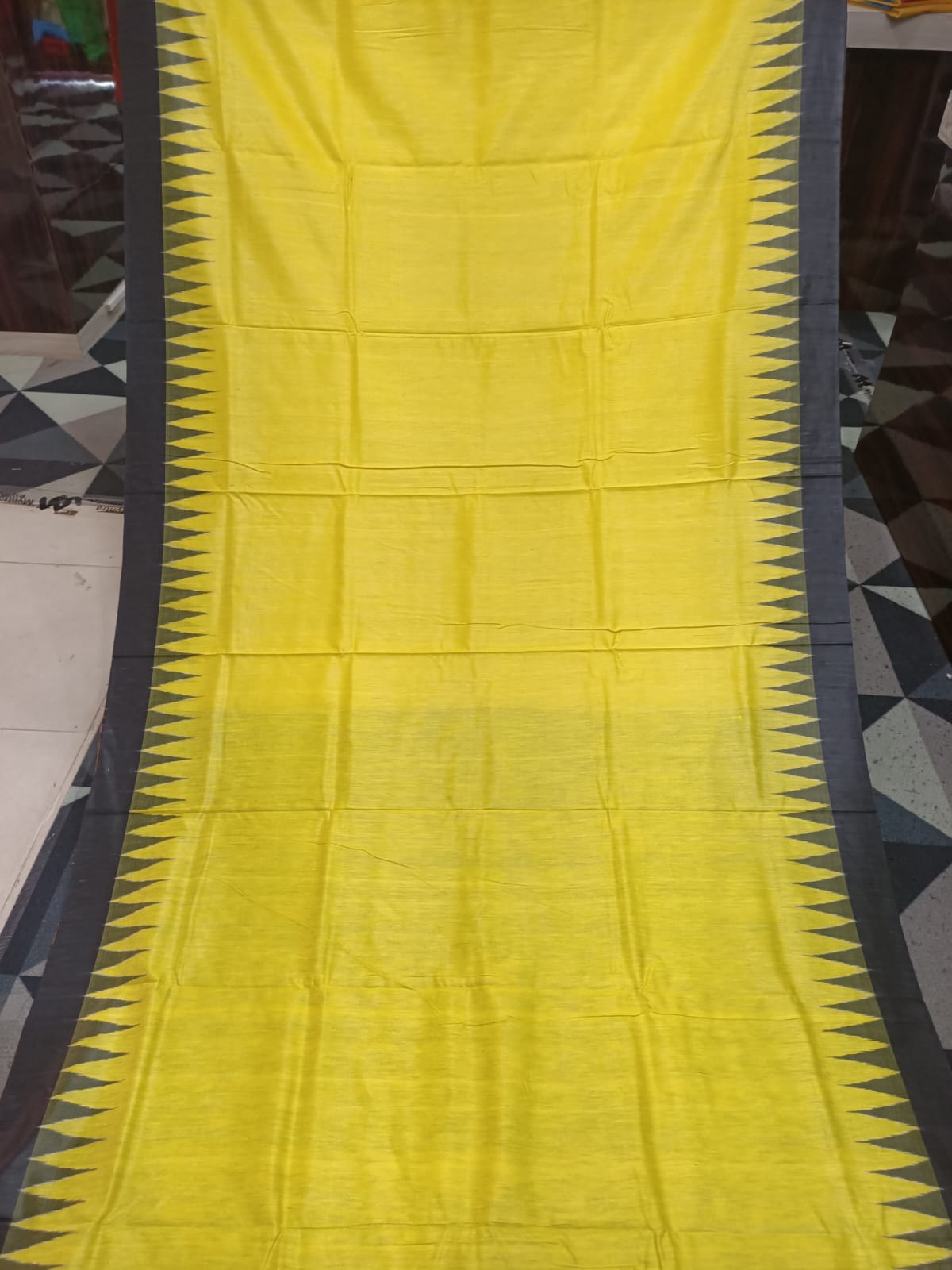 Yellow Black Kumbha Border Eri Tusser Silk Saree