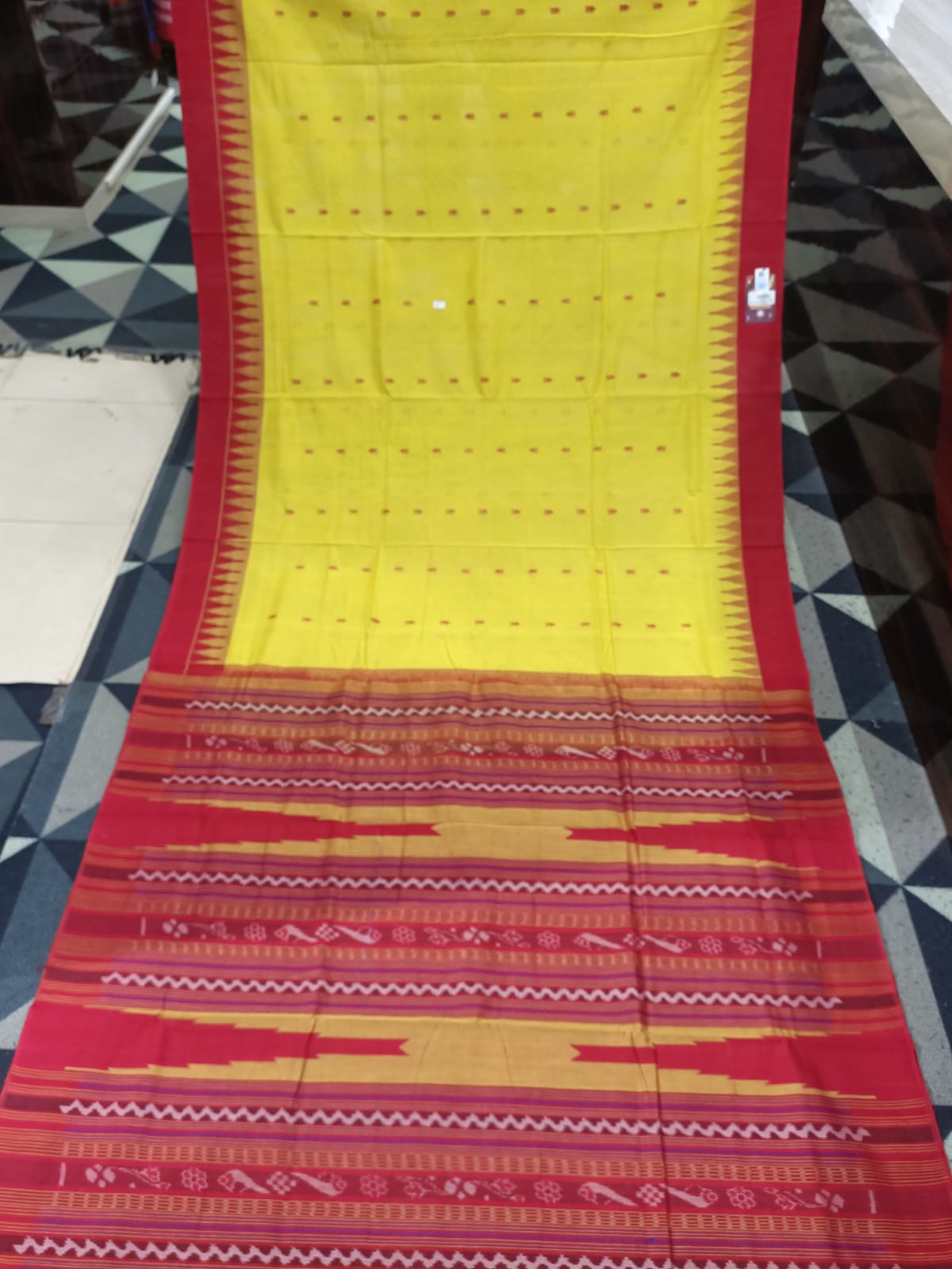Yellow Red Kumbha Design Sambalpuri Cotton Saree