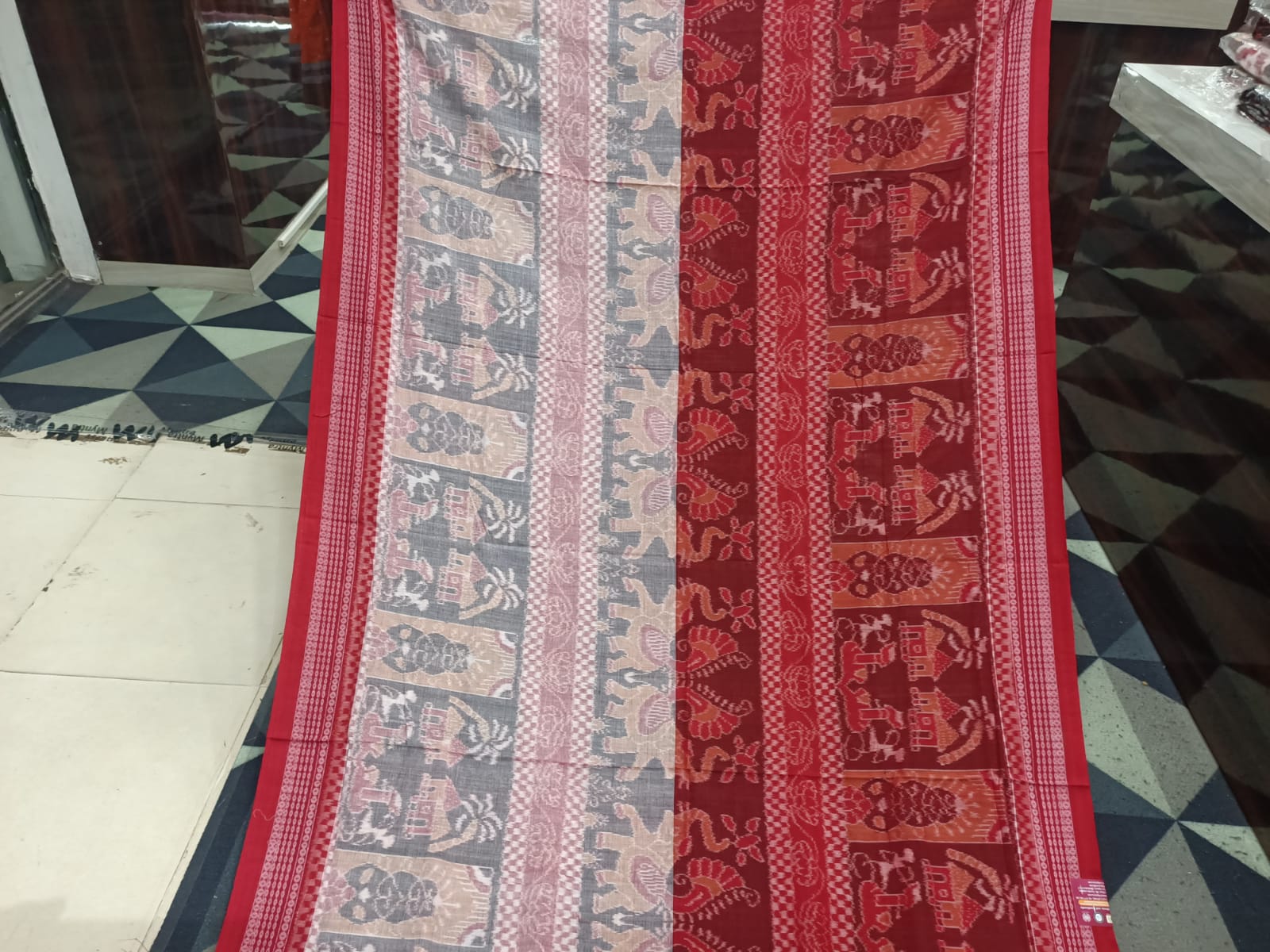 peach Red Elephant & House Design Sambalpuri Cotton Saree
