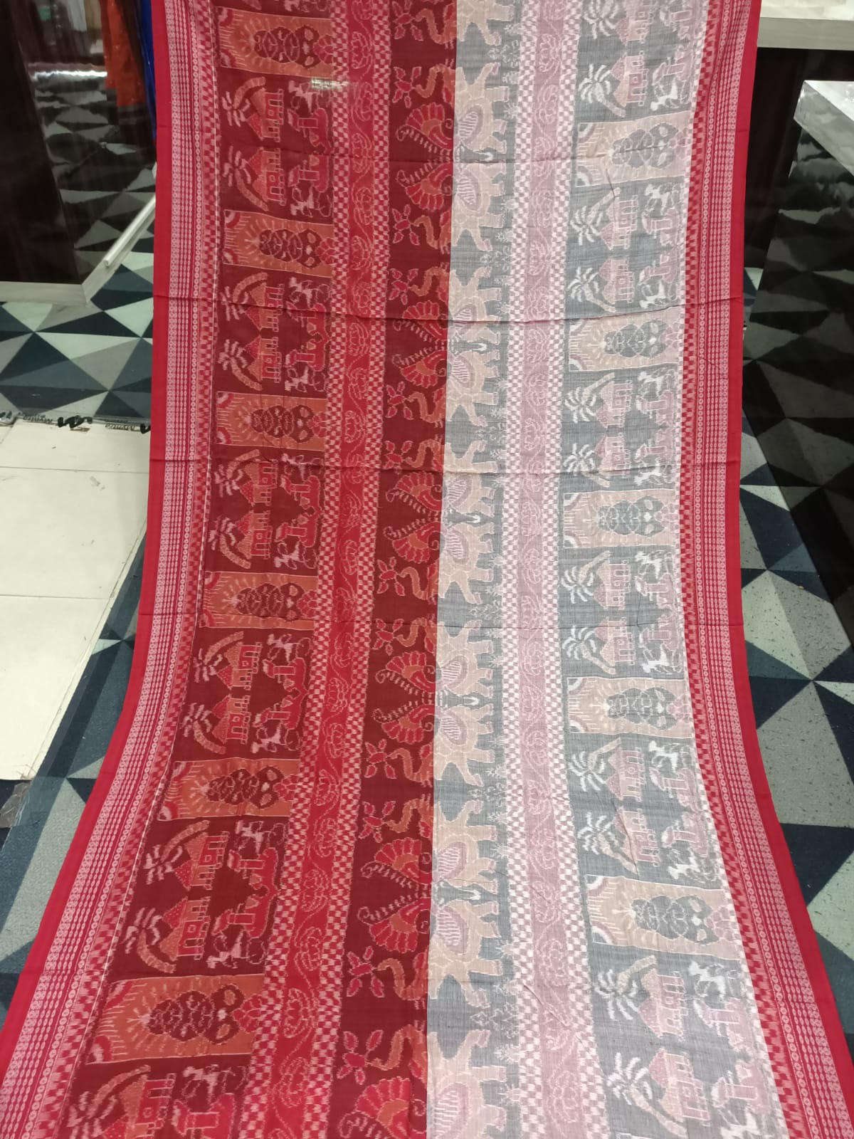 peach Red Elephant & House Design Sambalpuri Cotton Saree