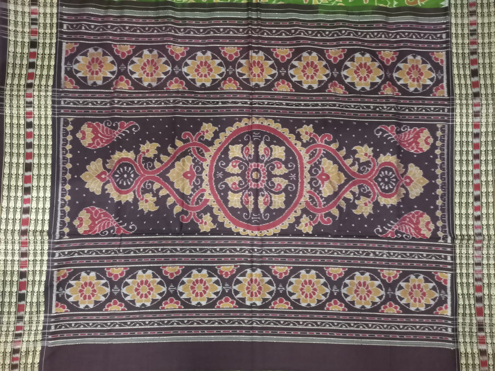 Green Black Deer & Tree Design Sambalpuri Cotton Saree