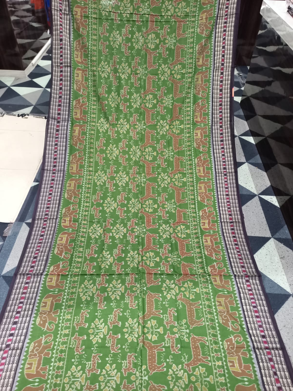 Green Black Deer & Tree Design Sambalpuri Cotton Saree