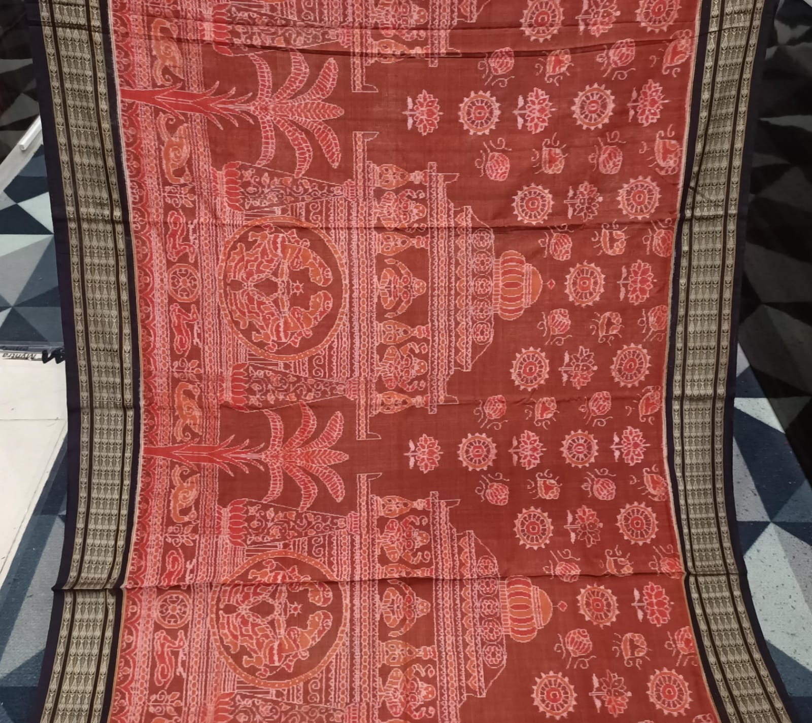 Rust Coffee Temple & Tree Design Sambalpuri Cotton Saree
