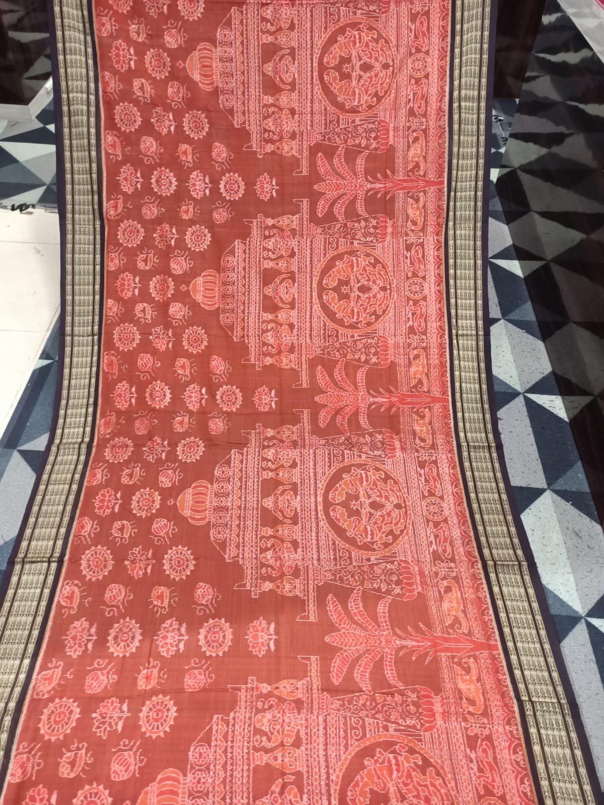 Rust Coffee Temple & Tree Design Sambalpuri Cotton Saree