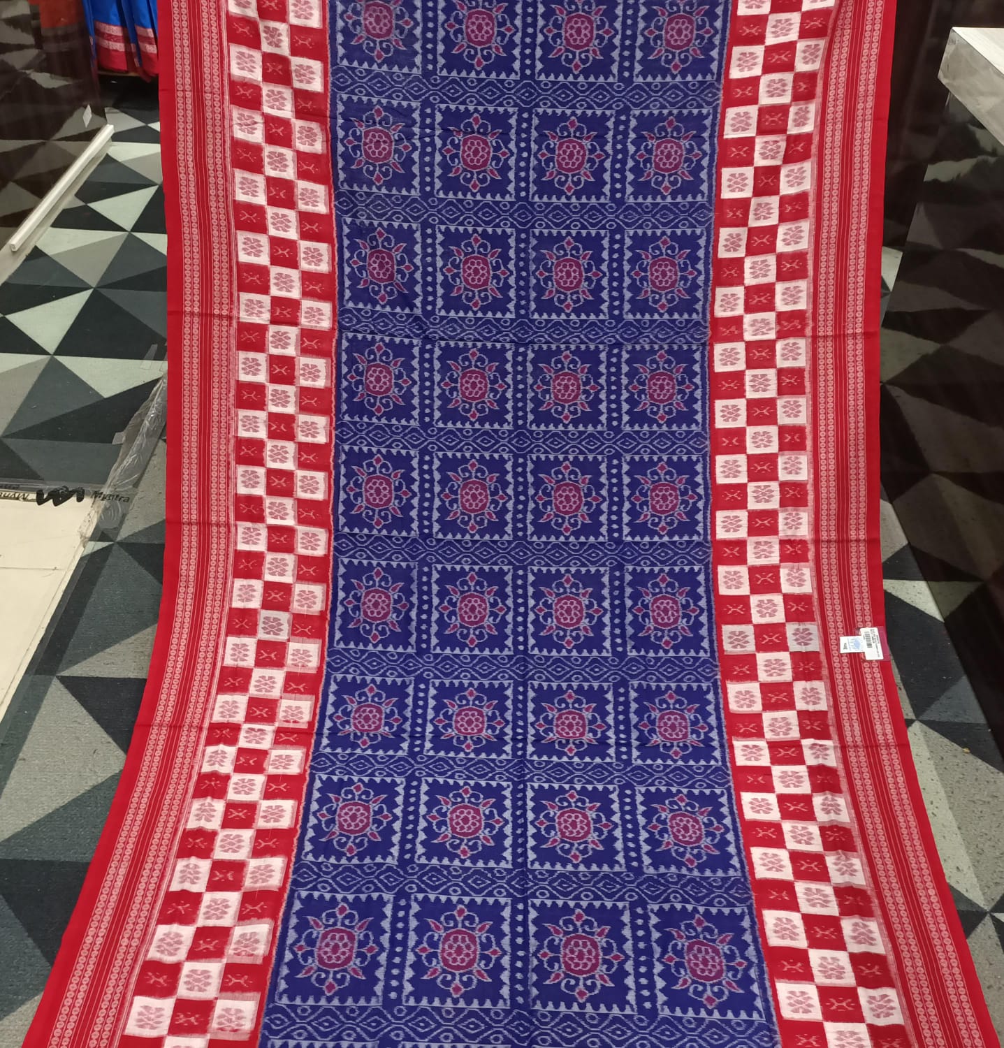 Blue Red Kothi Flower Design Sambalpuri Cotton Saree