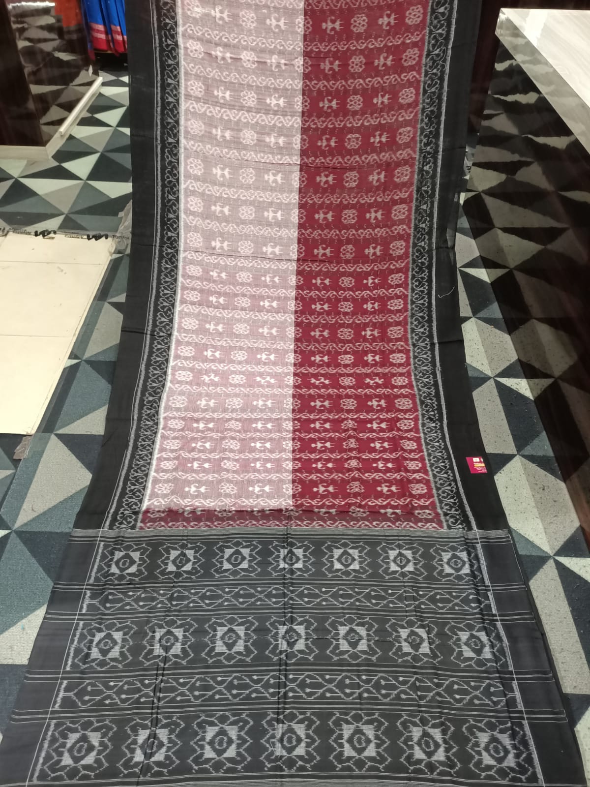 Grey Maroon Black Half Half Tribal Sambalpuri Cotton Saree