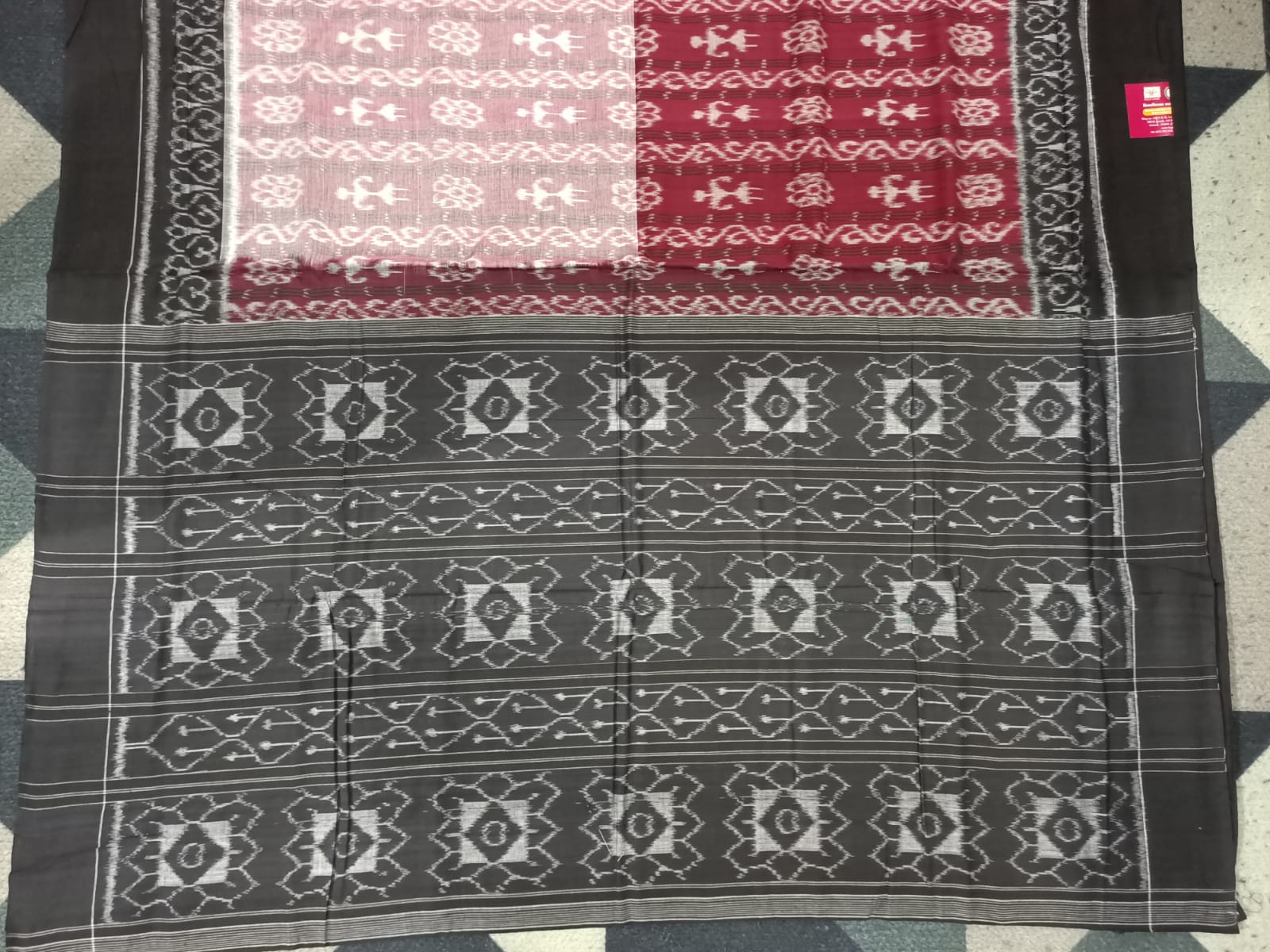 Grey Maroon Black Half Half Tribal Sambalpuri Cotton Saree