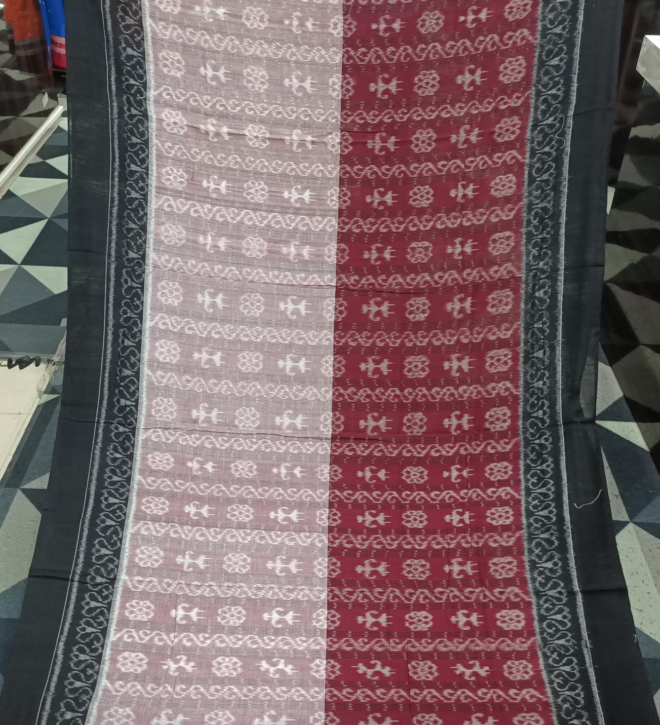 Grey Maroon Black Half Half Tribal Sambalpuri Cotton Saree