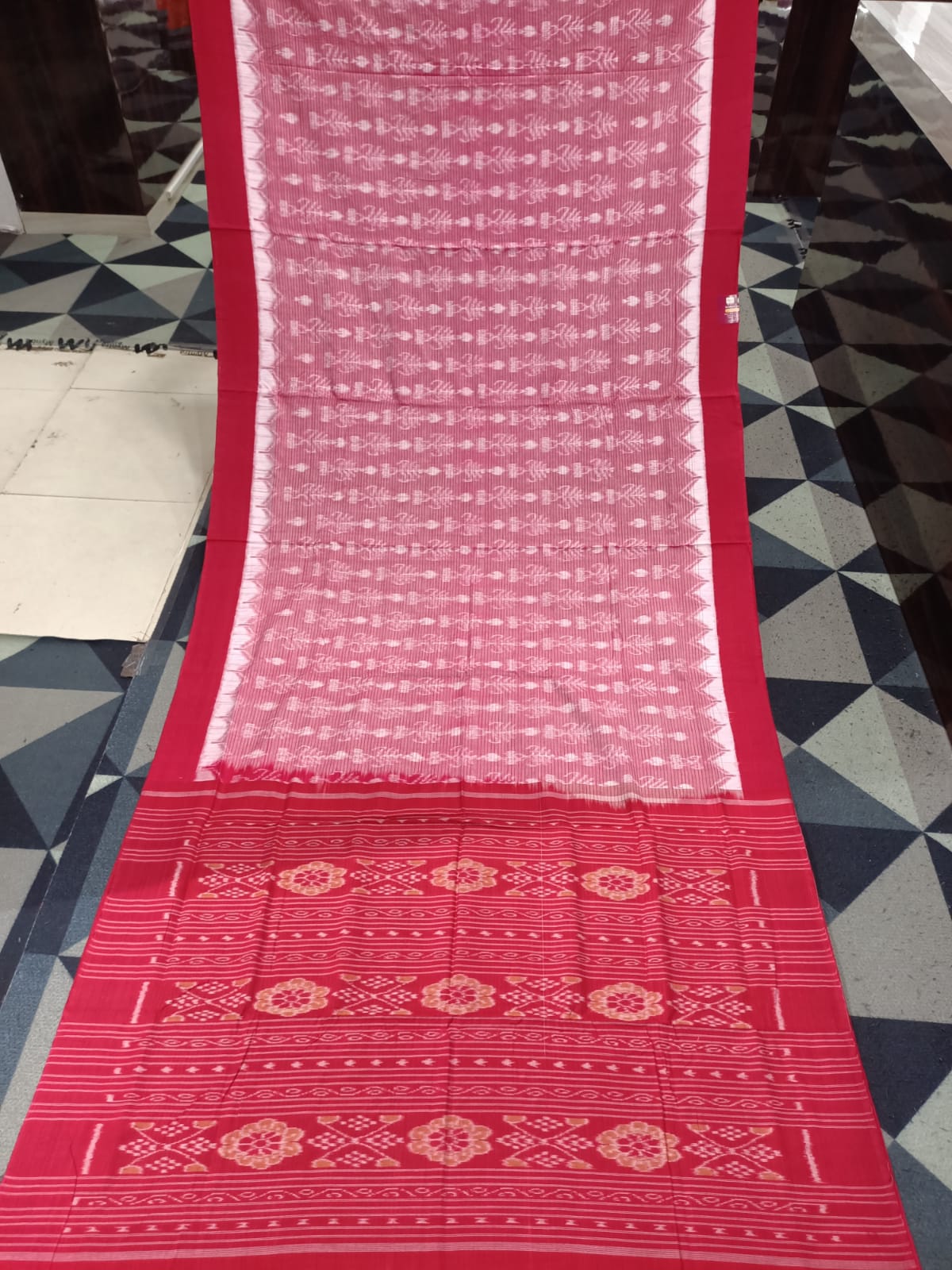 Peach Red Sachipar & Tree Design Sambalpuri Cotton Saree