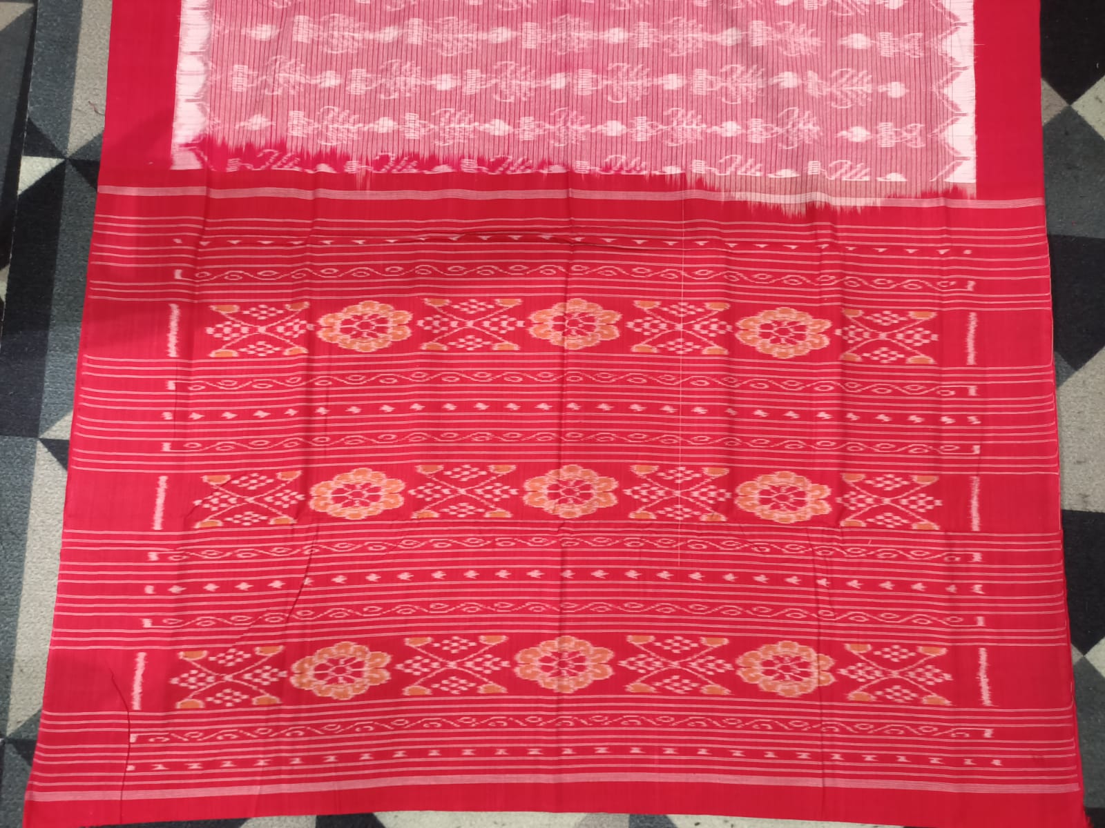 Peach Red Sachipar & Tree Design Sambalpuri Cotton Saree