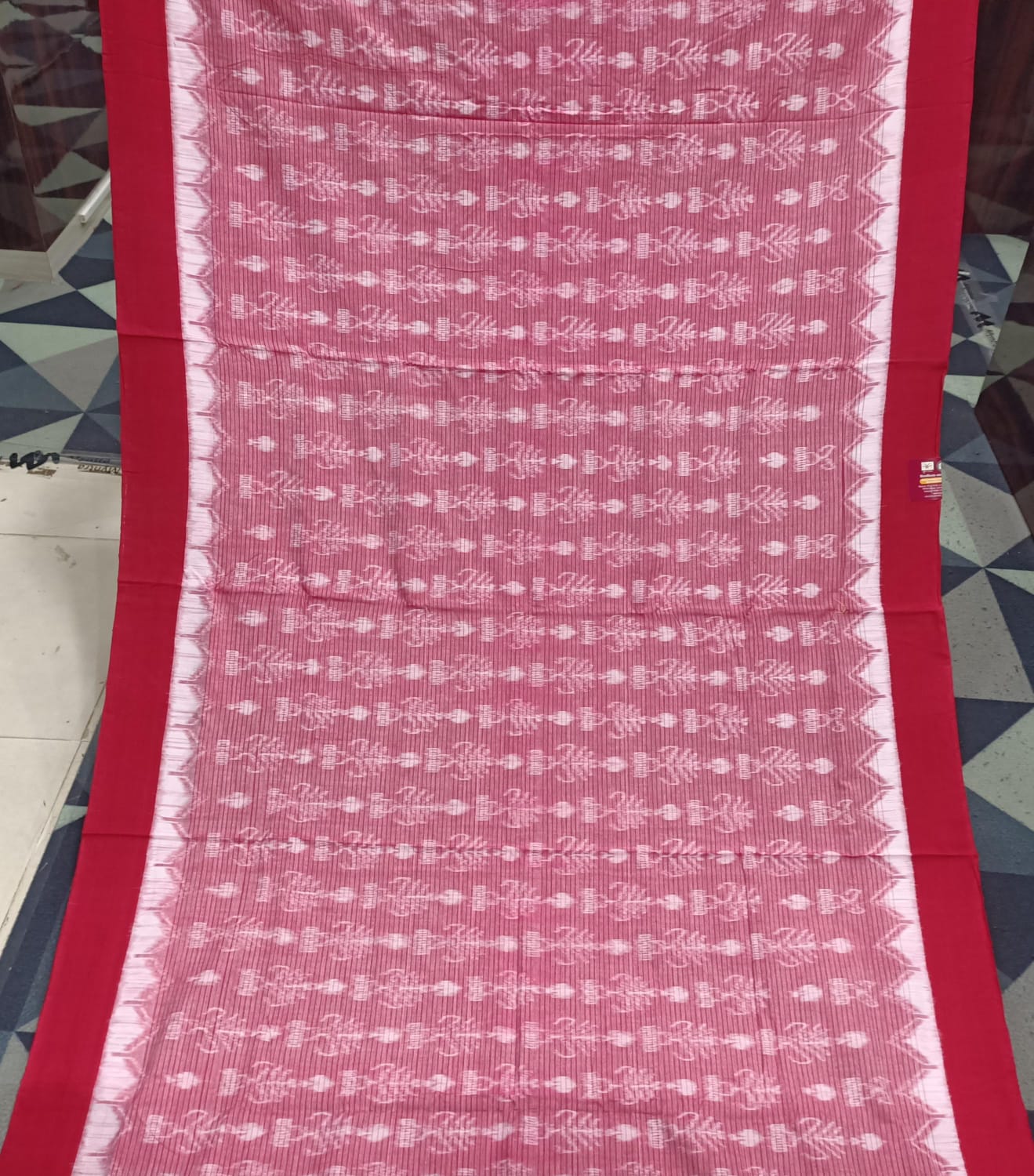 Peach Red Sachipar & Tree Design Sambalpuri Cotton Saree