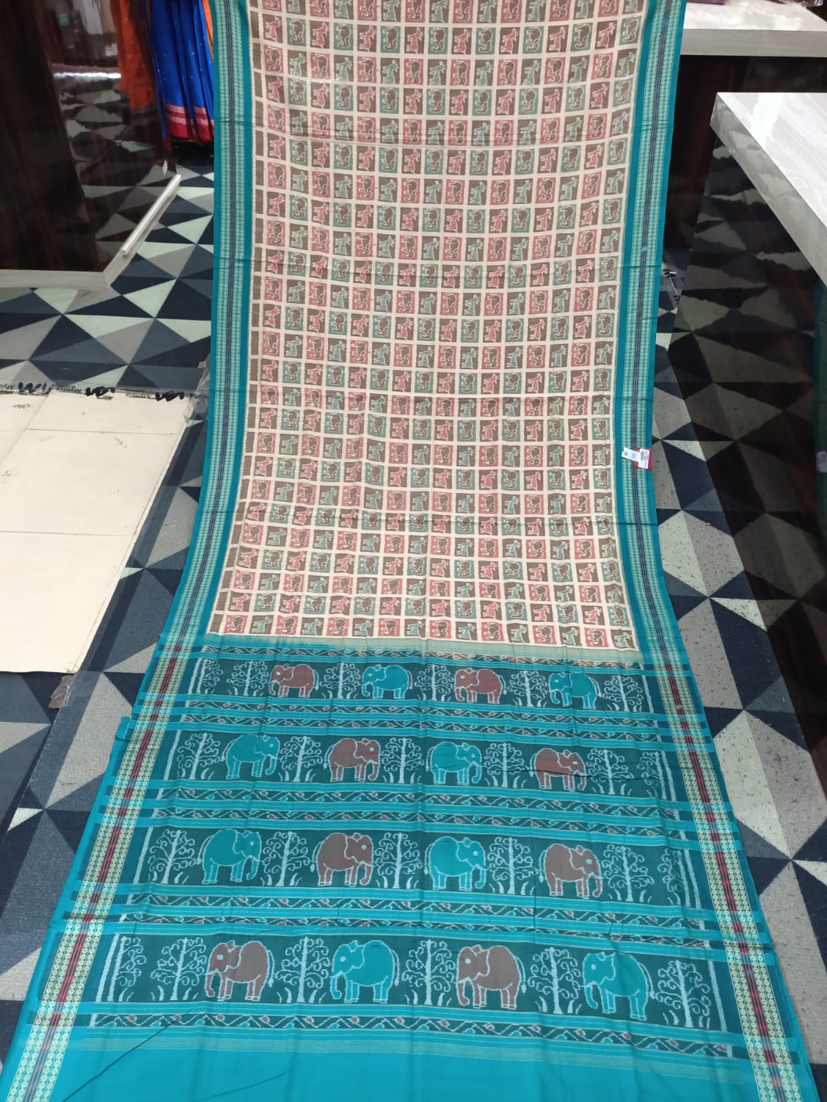 Off White Maroon Sea Green Kothi Animal Sambalpuri Cotton Saree