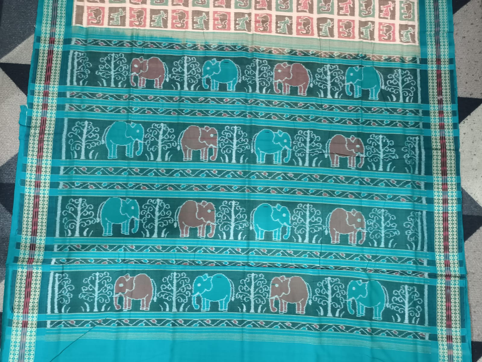 Off White Maroon Sea Green Kothi Animal Sambalpuri Cotton Saree