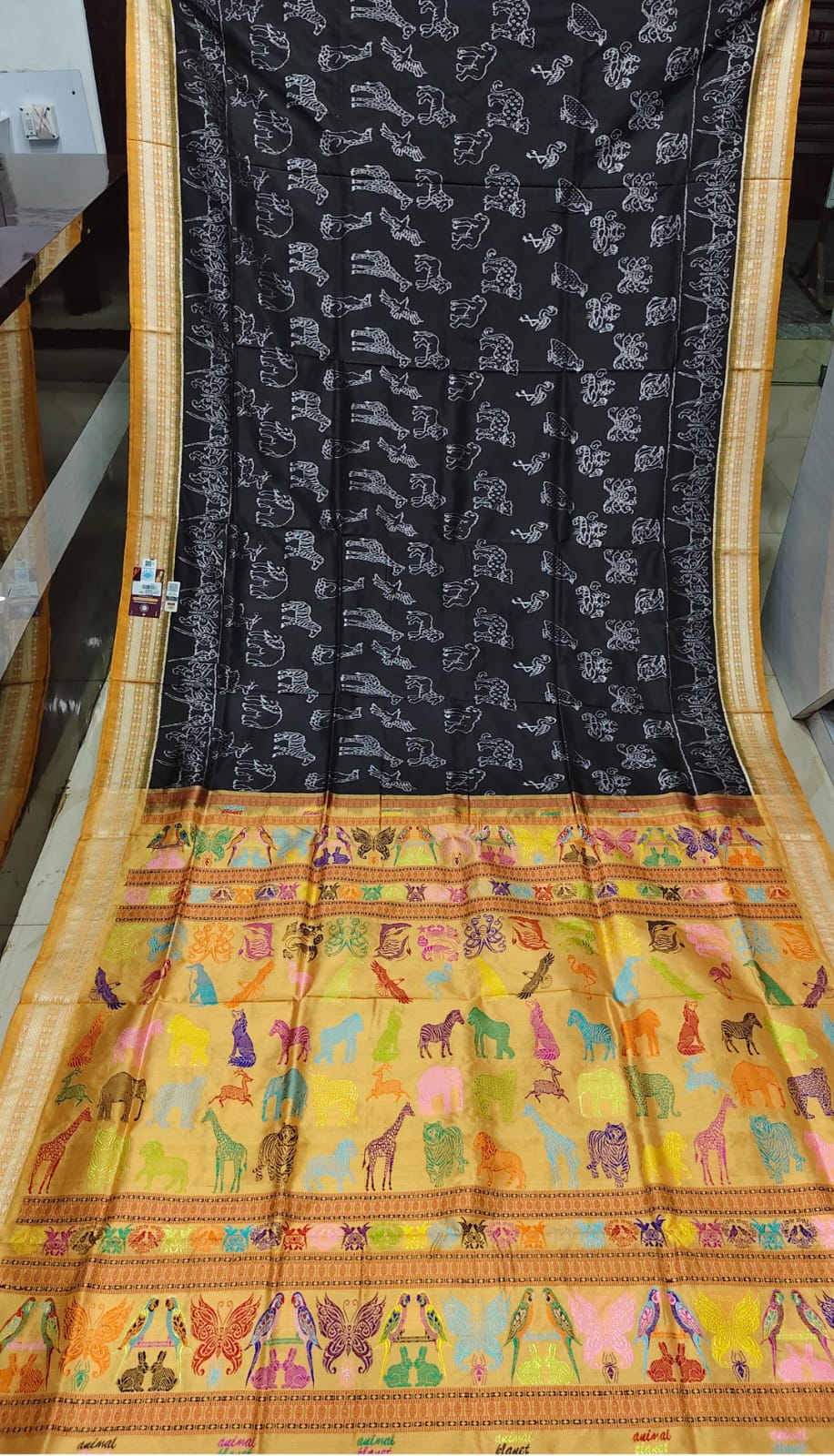 Black Mustard Yellow Animal Planet Sambalpuri Silk Saree