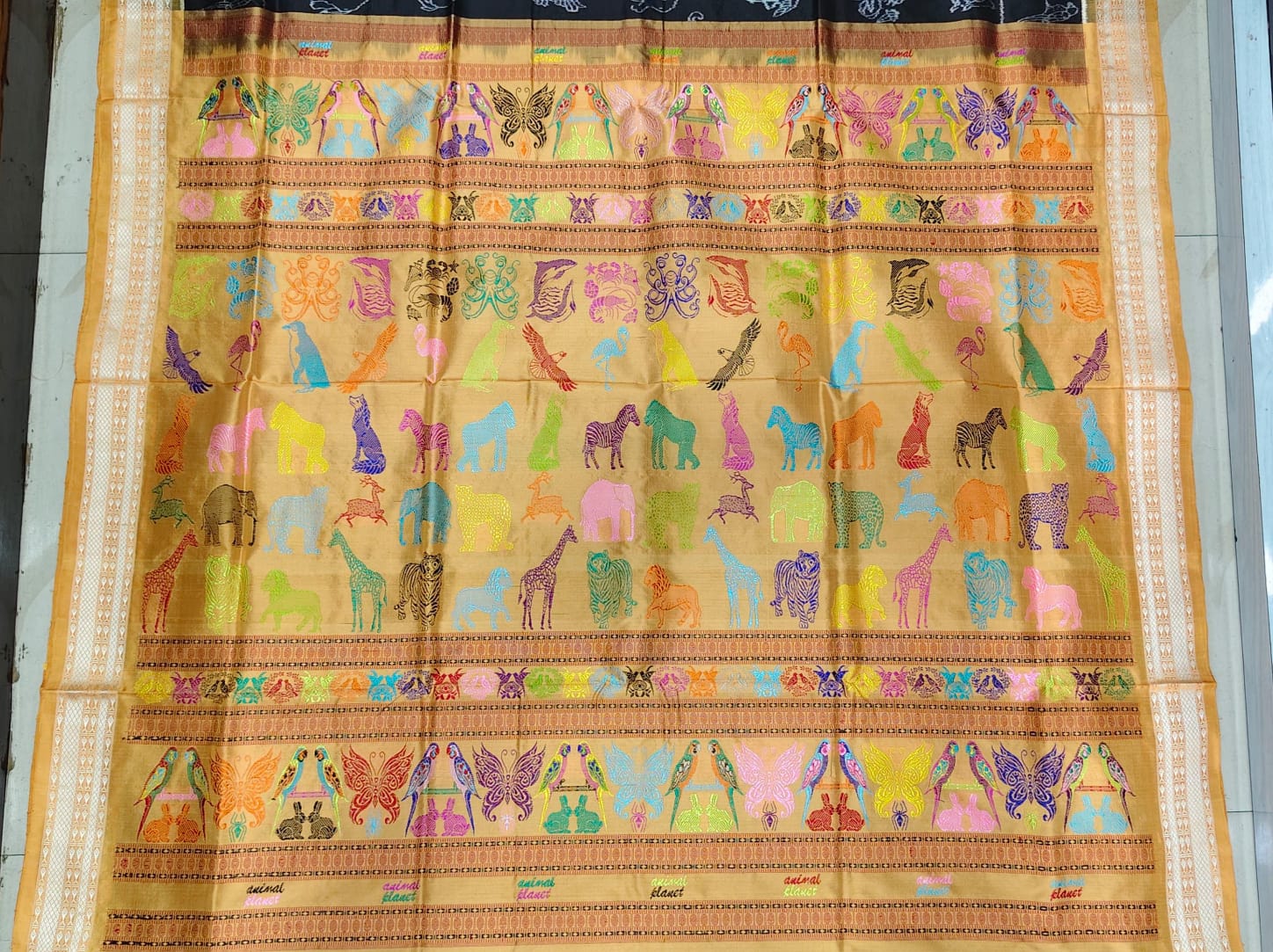 Black Mustard Yellow Animal Planet Sambalpuri Silk Saree
